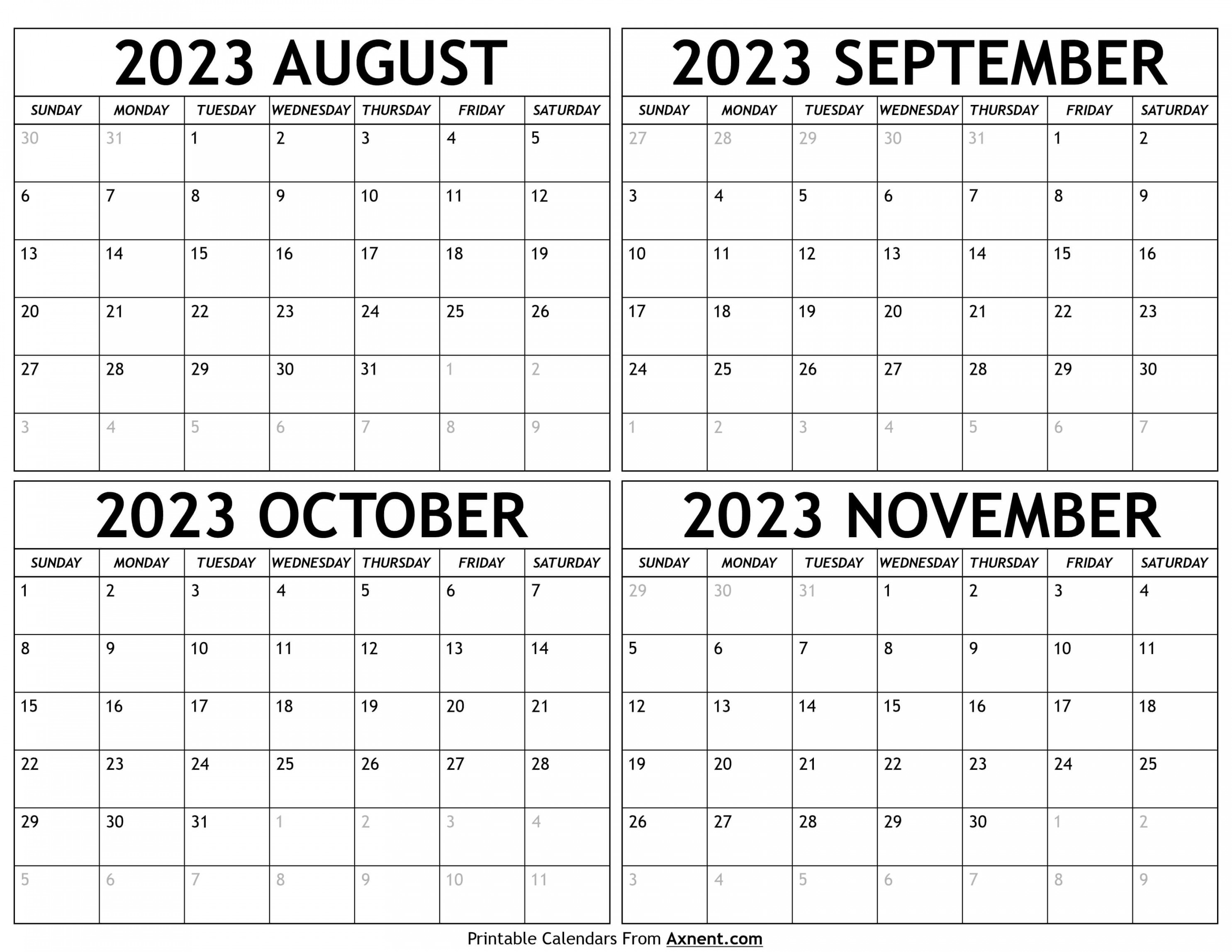 August To November  Calendar Templates - Four Months