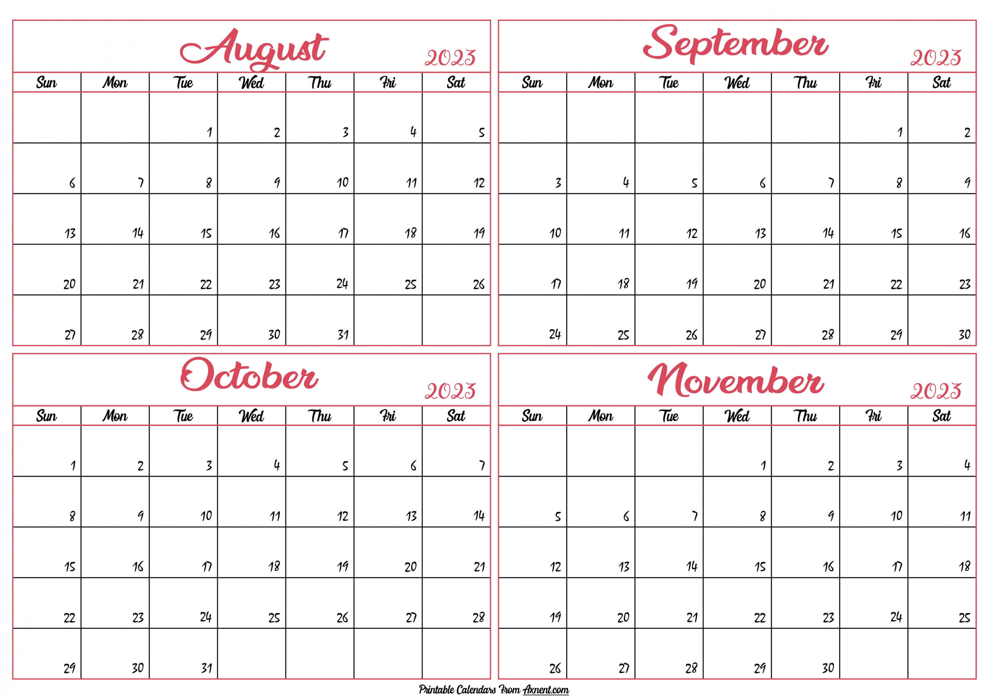 August To November  Calendar Templates - Four Months