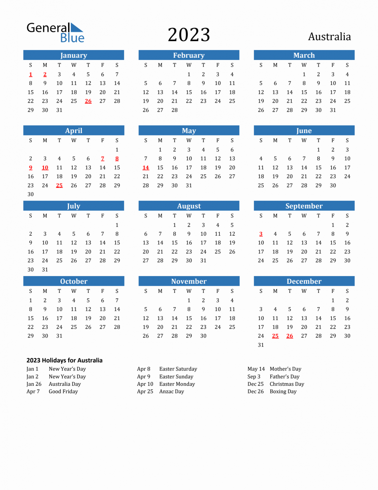 Australia Calendar with Holidays