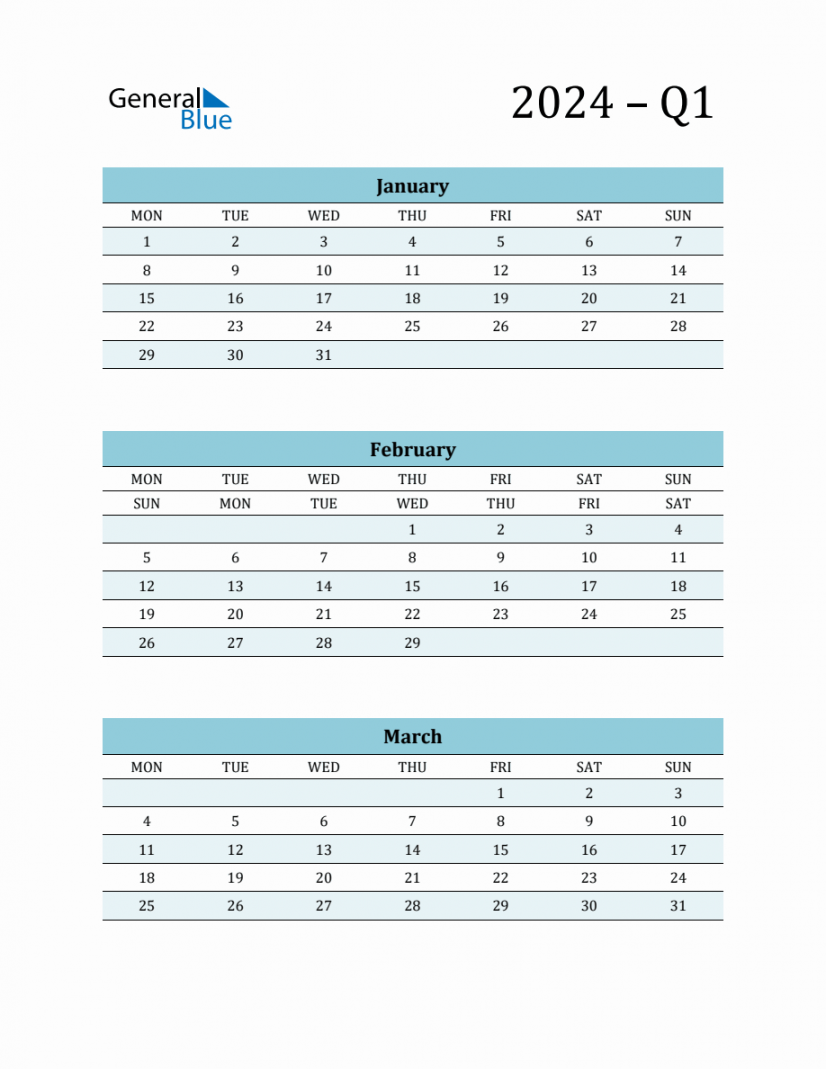 Blank Q Quarterly Calendar  (January, February and March)