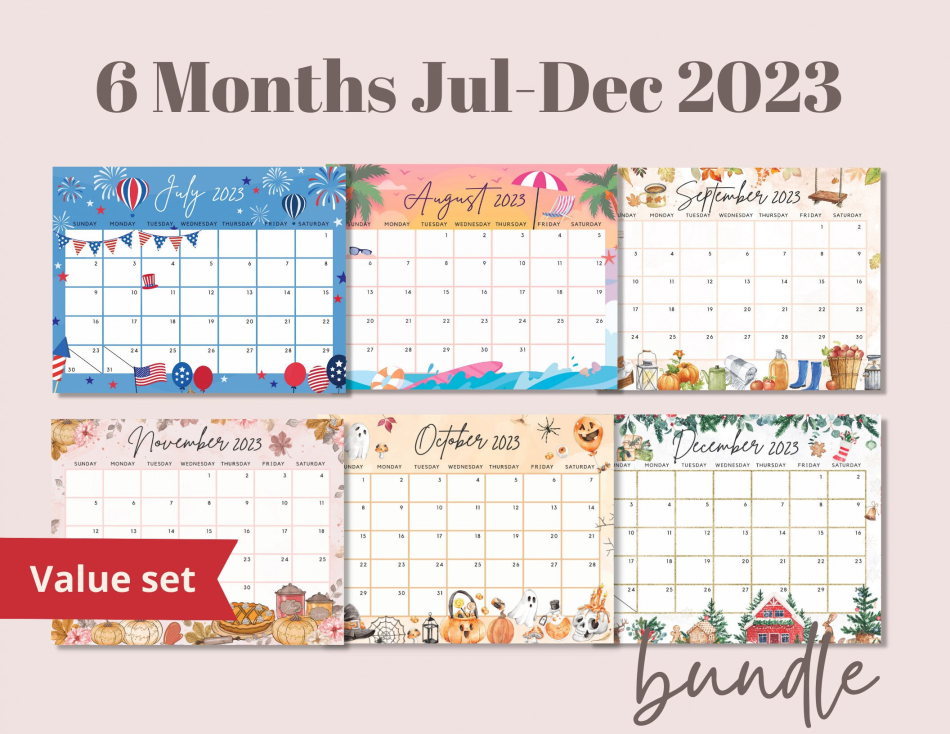 Calendar  Bundle Pack July to December  Monthly - Etsy