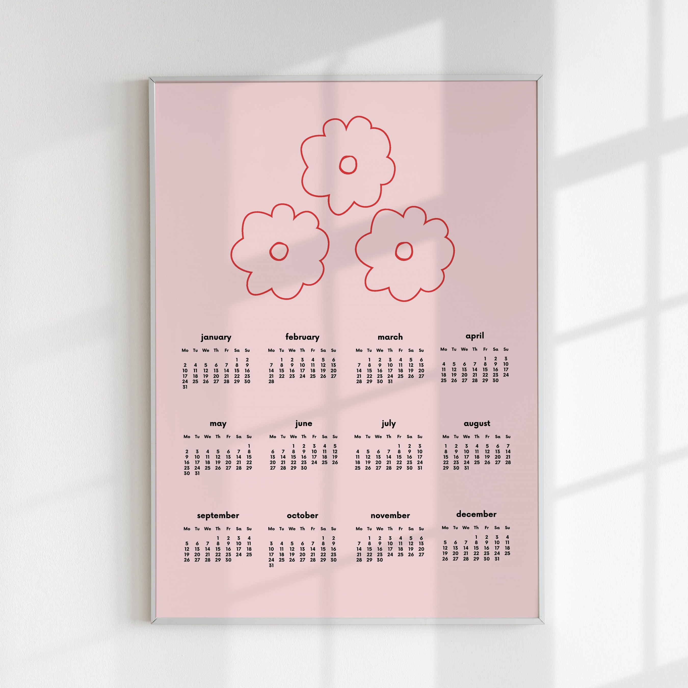 Calendar Digital Pink Printable Kawaii Flower Wall Art Print Poster  Instant Download Korean Cartoon Aesthetic Seoul Minimalist Abstract
