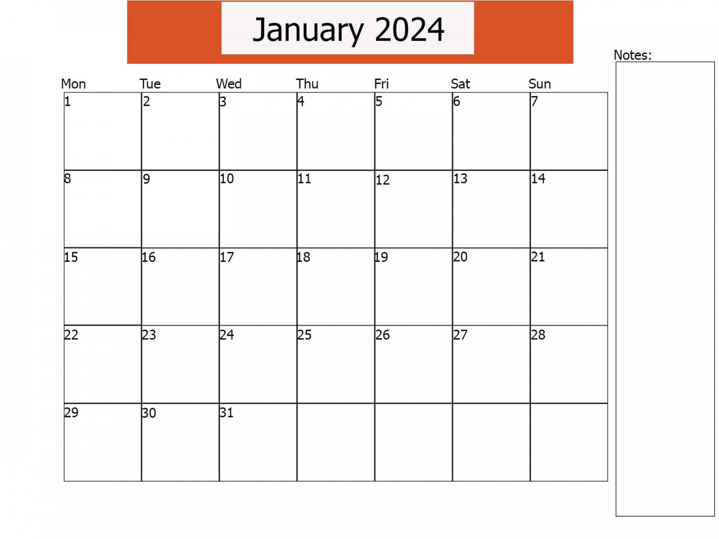 Calendar January  Printable Calendar Horizontal - Etsy