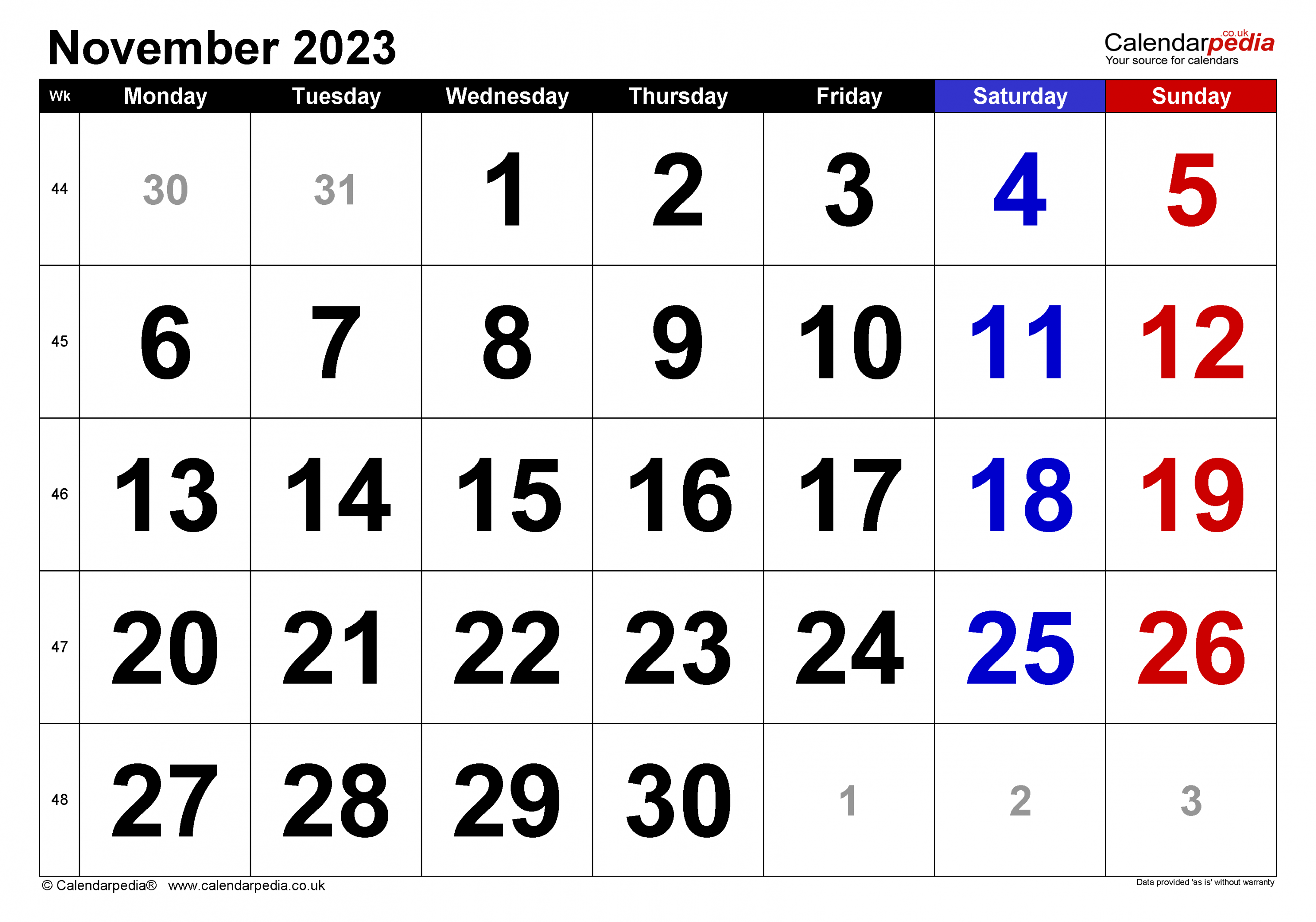 Calendar November  UK with Excel, Word and PDF templates