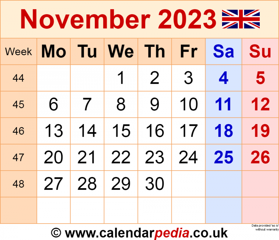 Calendar November  UK with Excel, Word and PDF templates