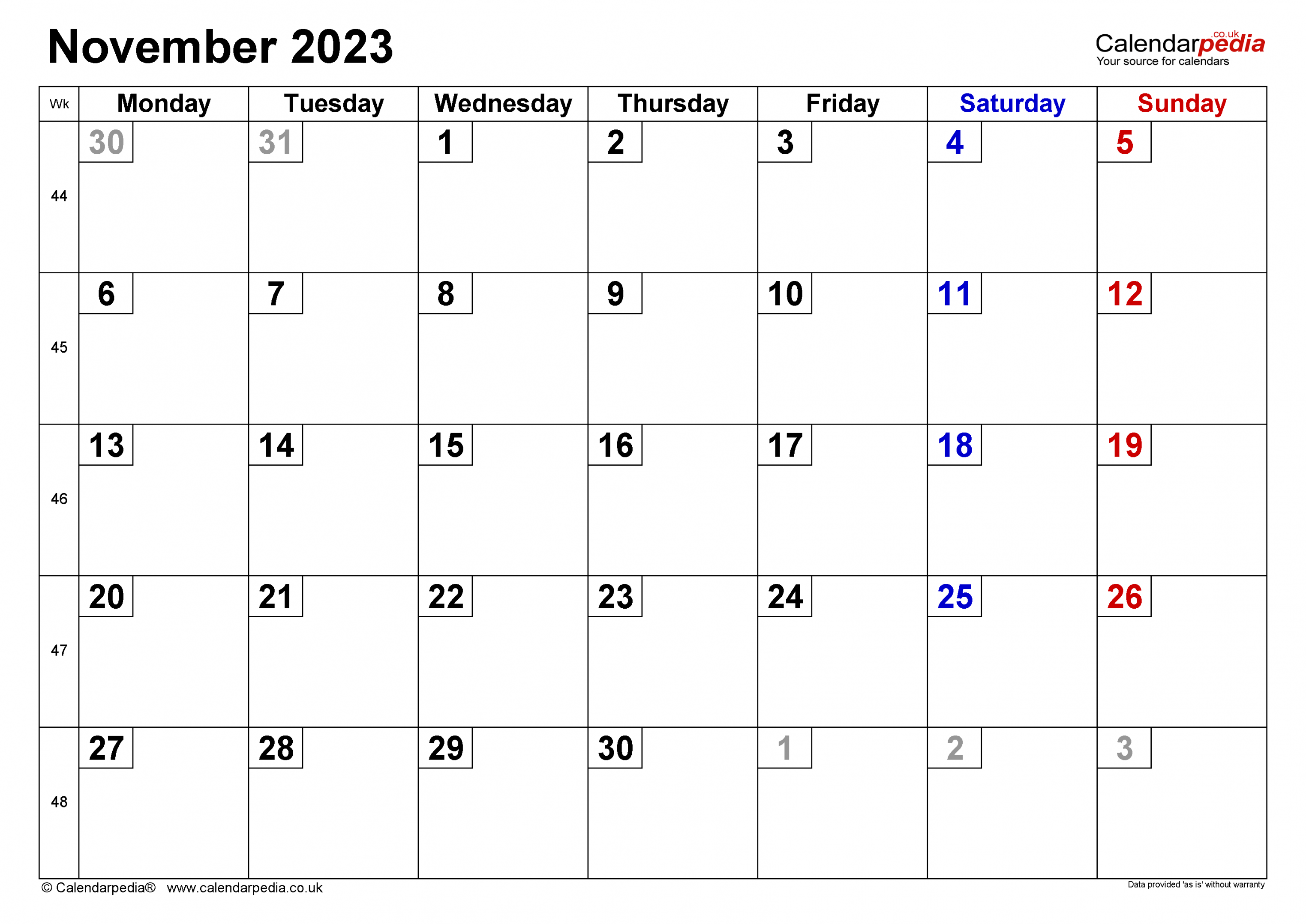 Calendar November  UK with Excel, Word and PDF templates