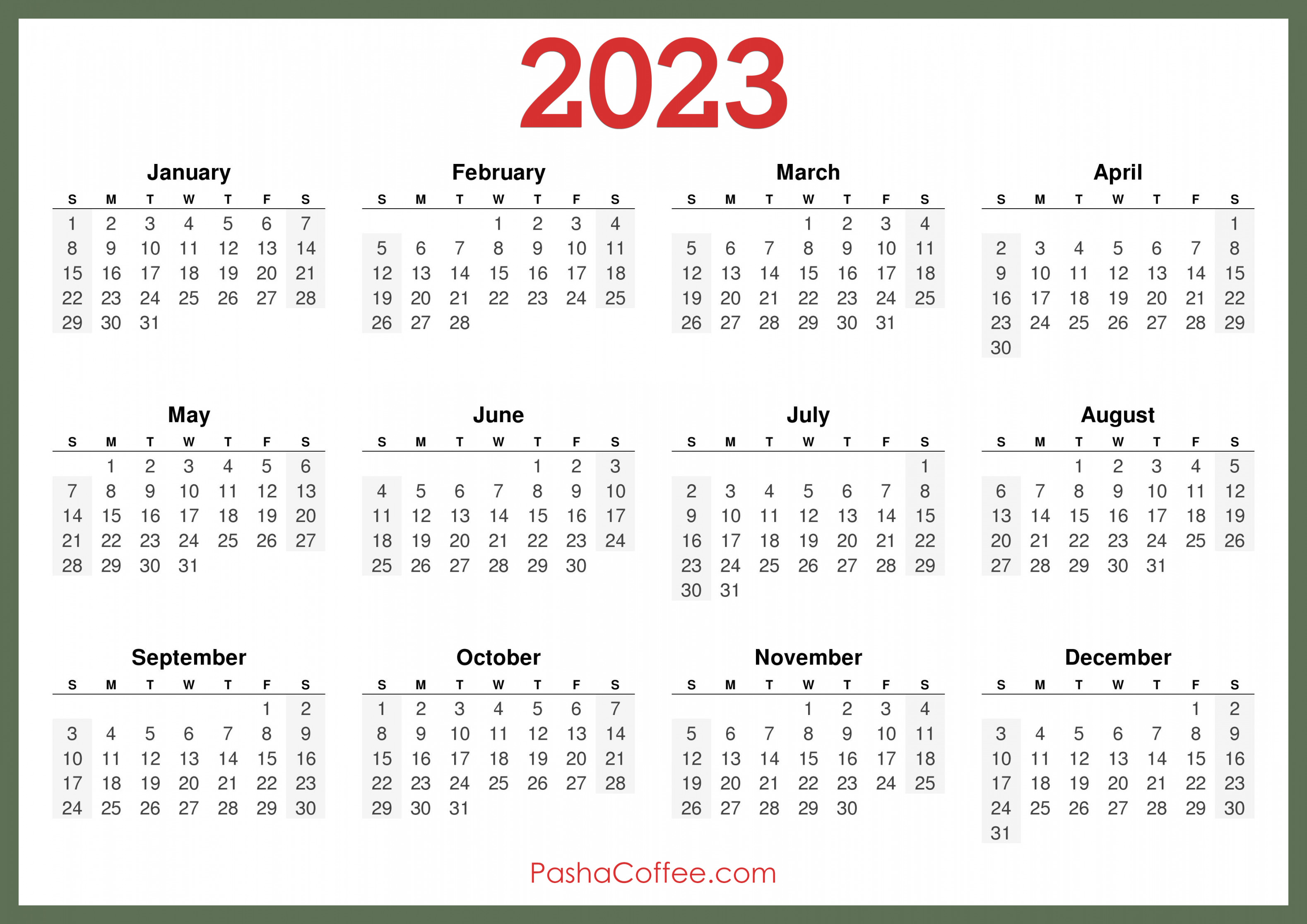 Calendar Printable Free, Horizontal, Green – PashaCoffee