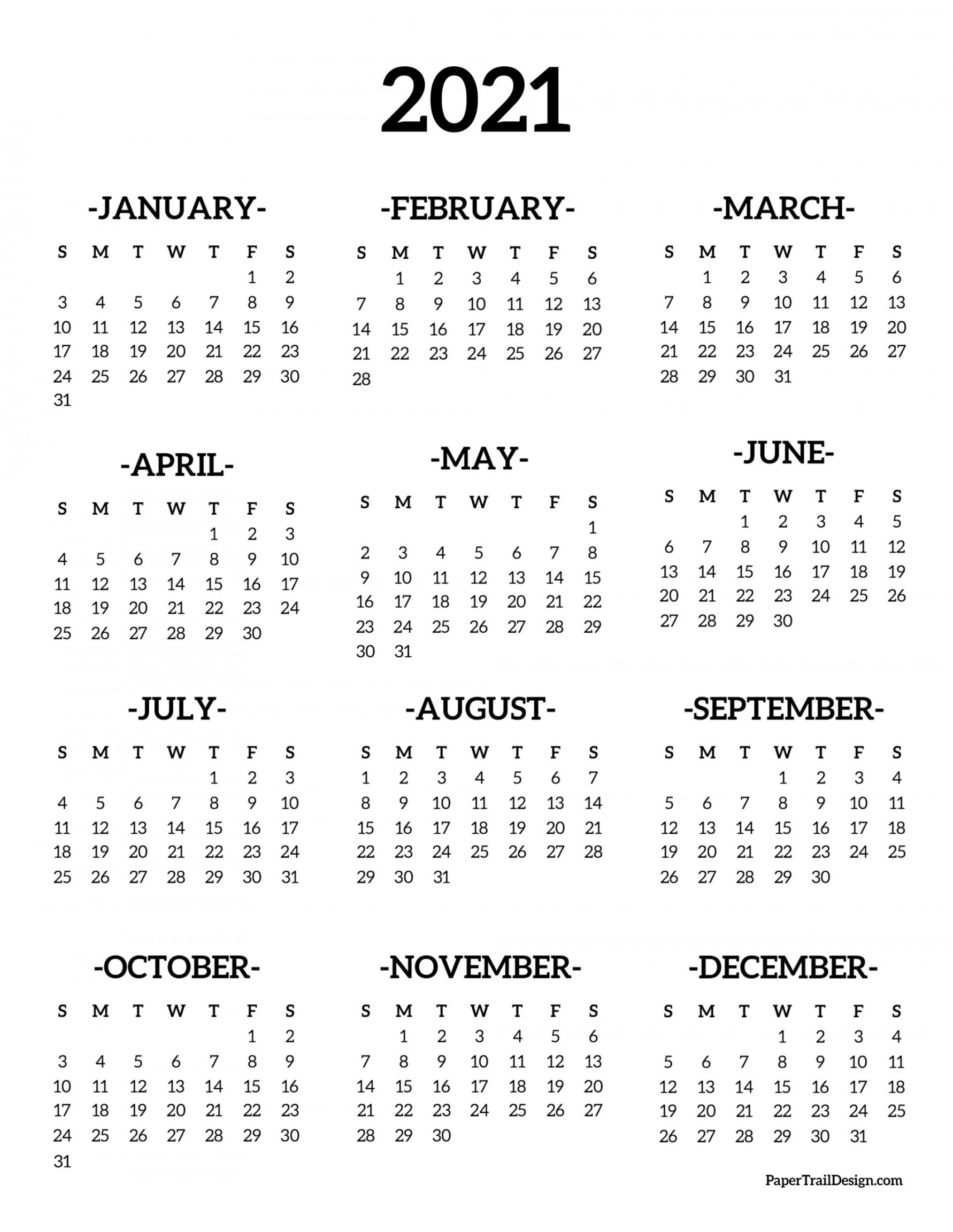 Calendar  Printable One Page - Paper Trail Design