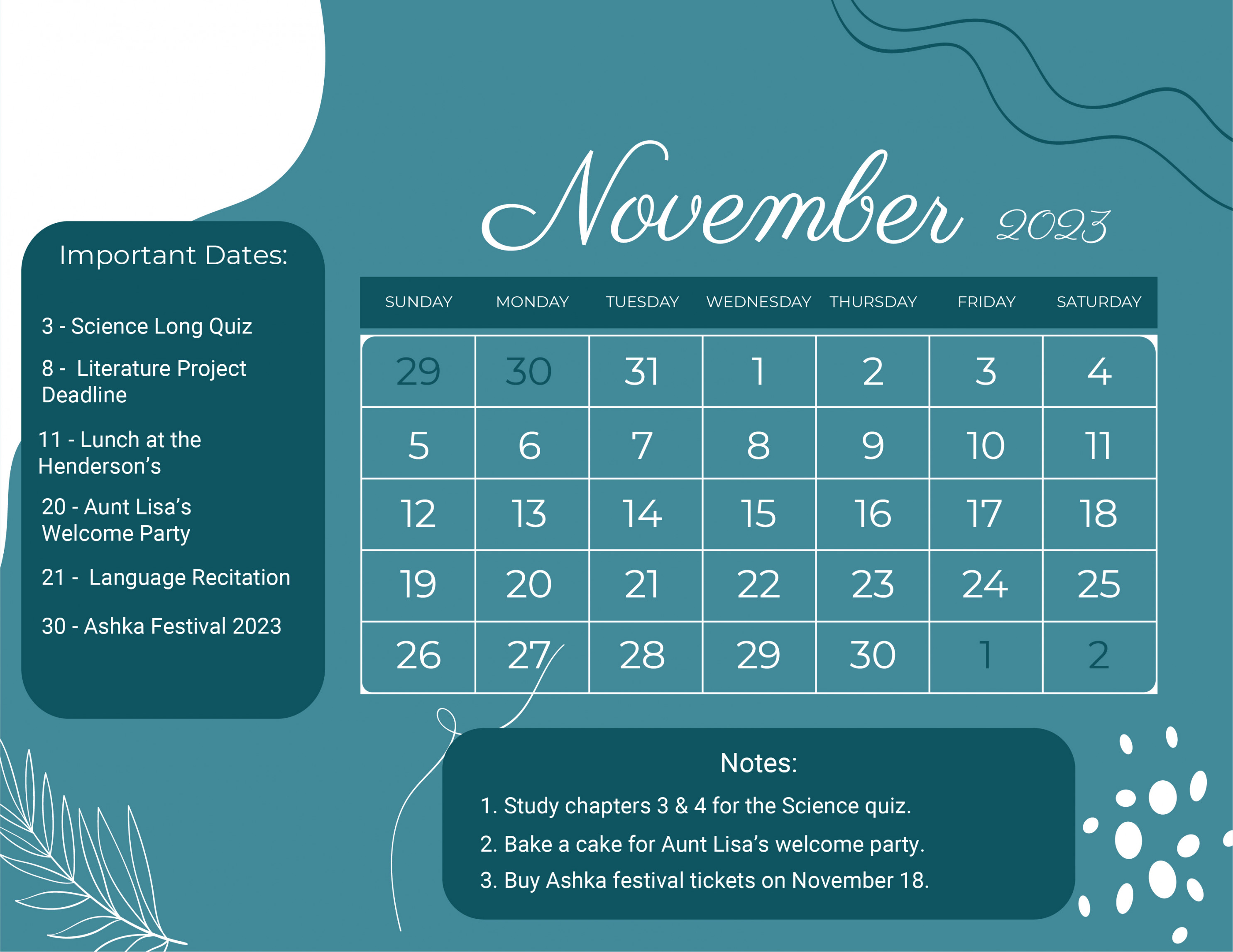 Calligraphy November  Calendar - Download in Word, Google Docs