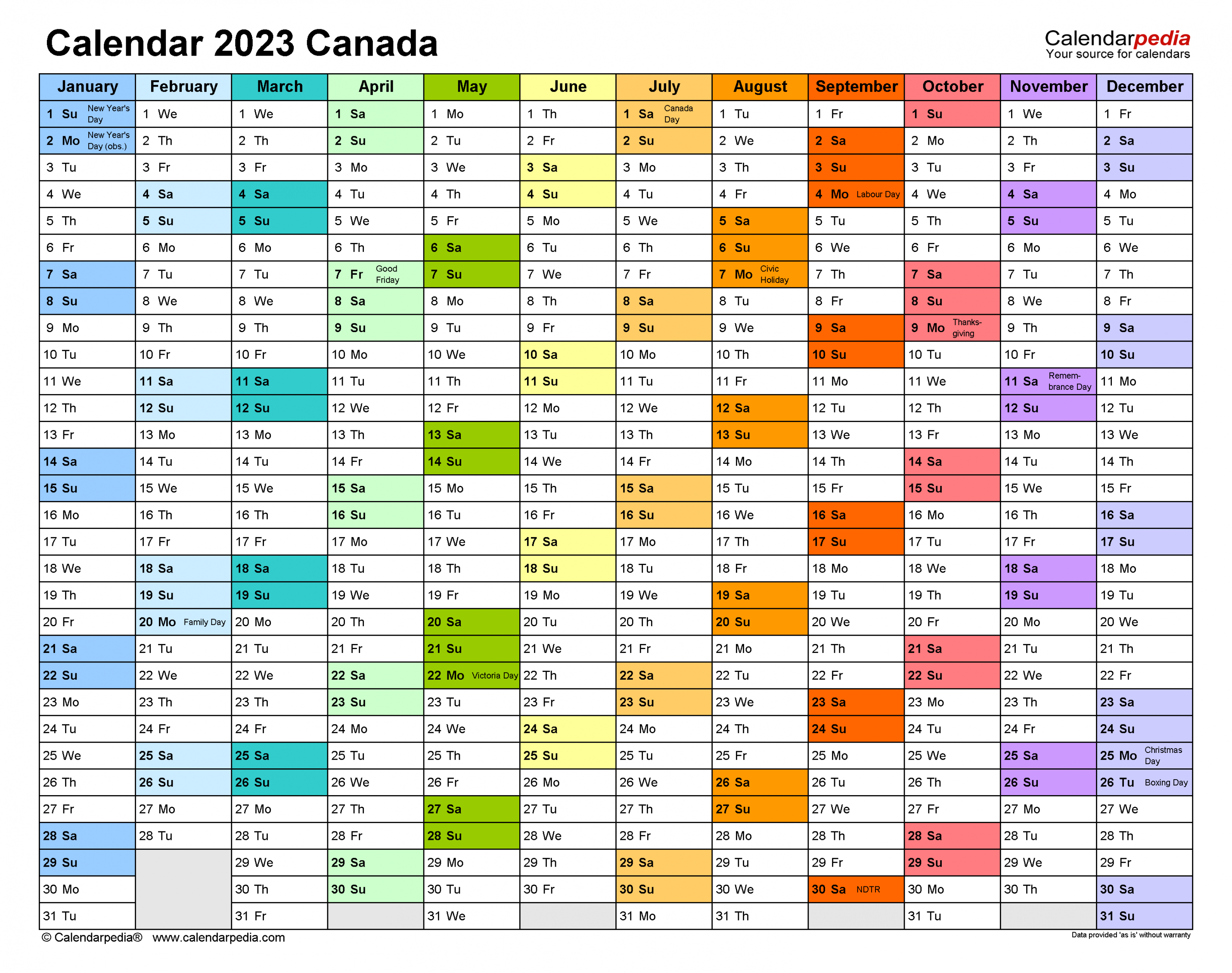 Canada Calendar  - Free Printable Excel templates