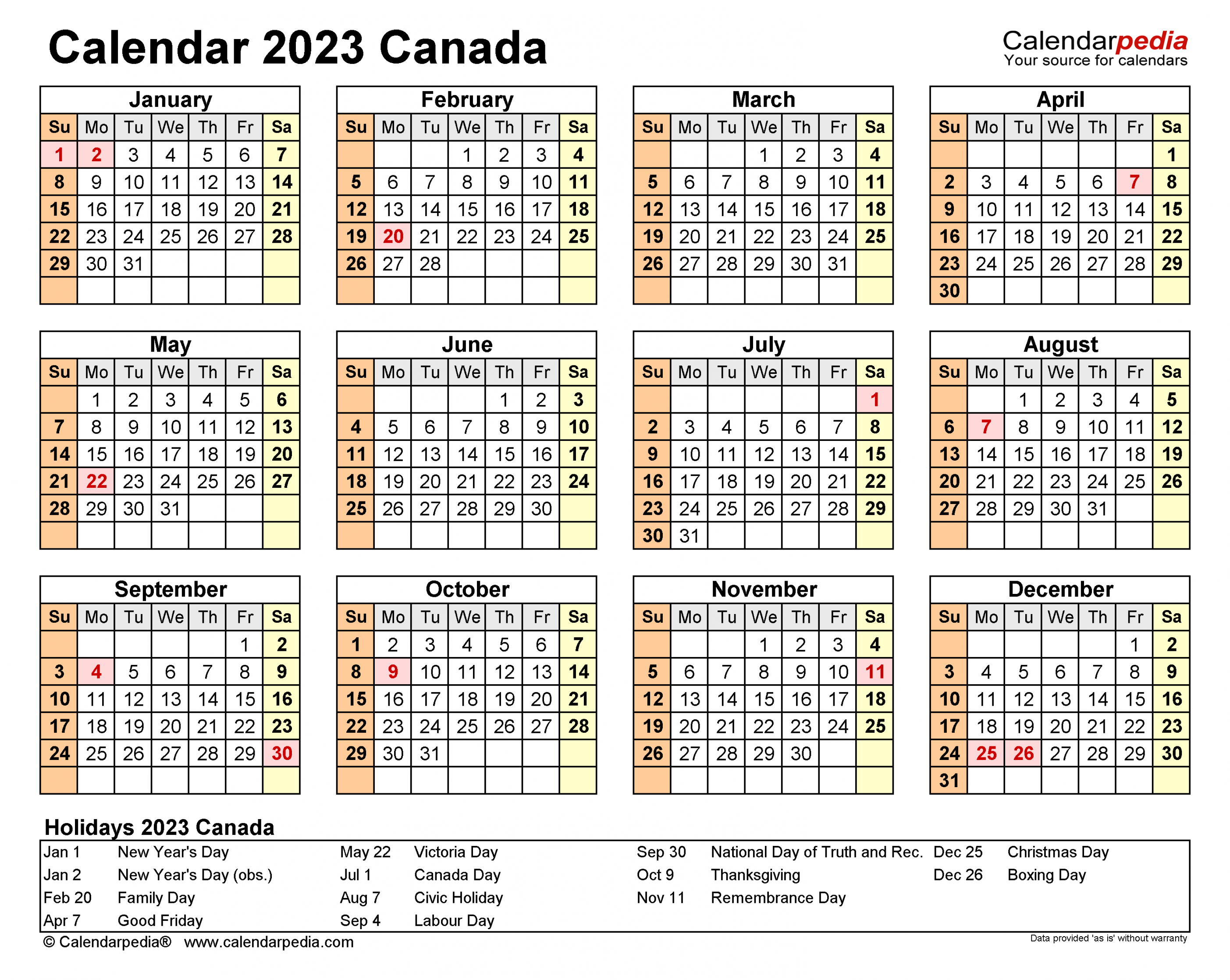 Canada Calendar  - Free Printable PDF templates