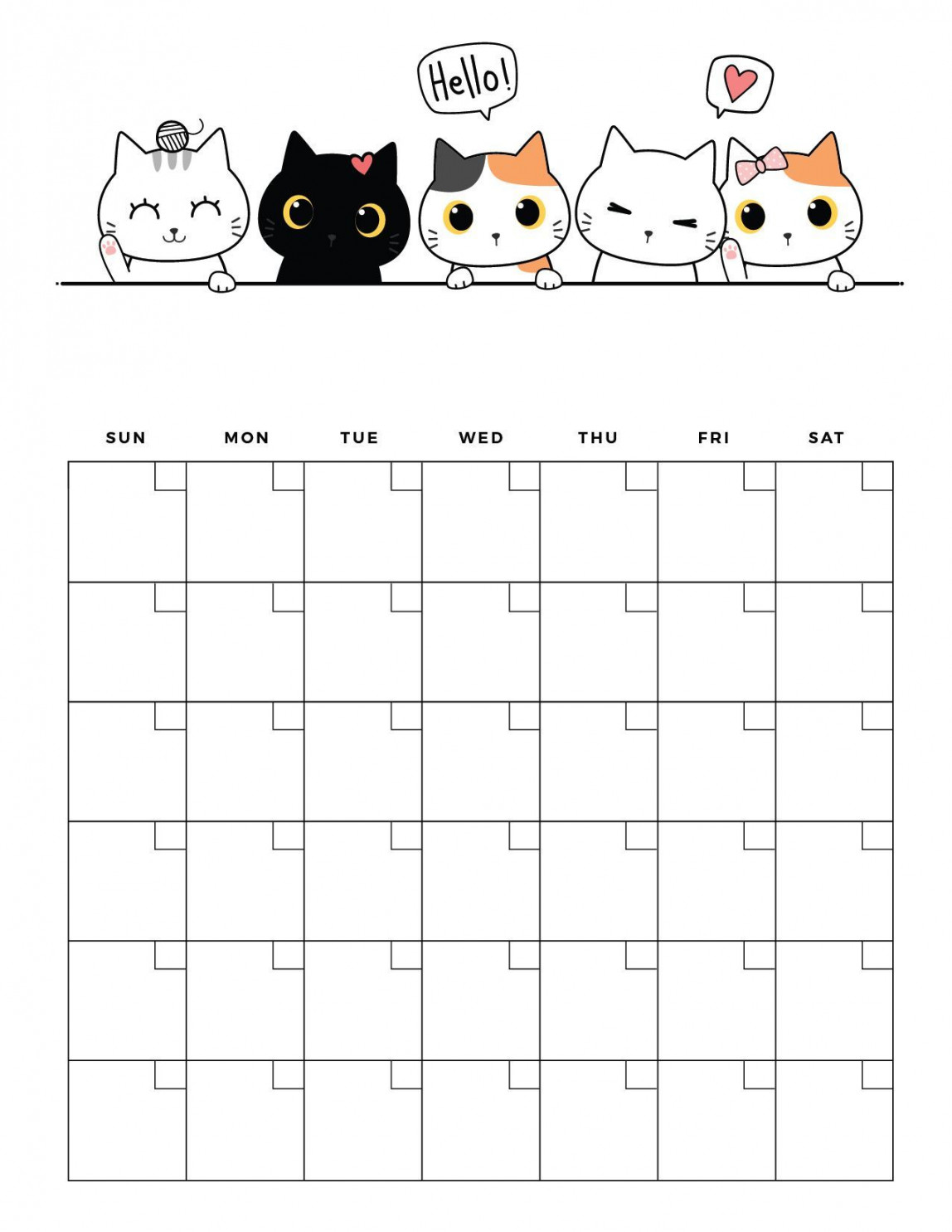 Cute Cat Free Printable Blank Calendar   Blank calendar