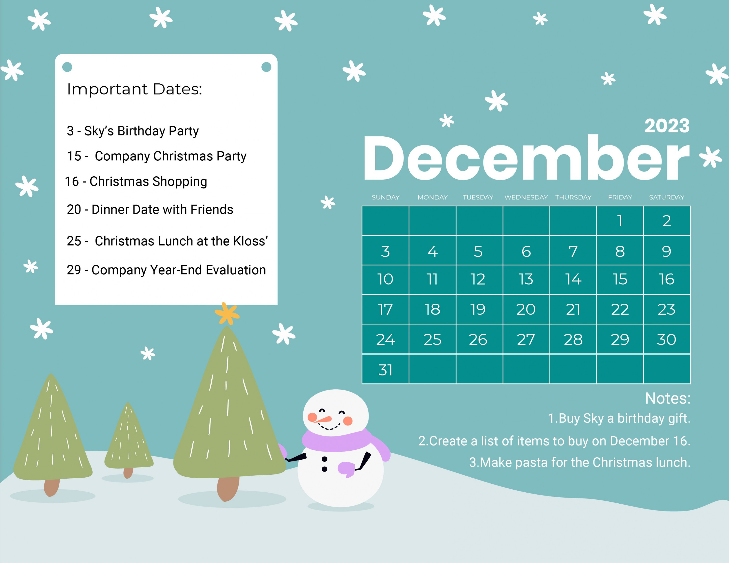 Cute December  Calendar - Download in Word, Google Docs