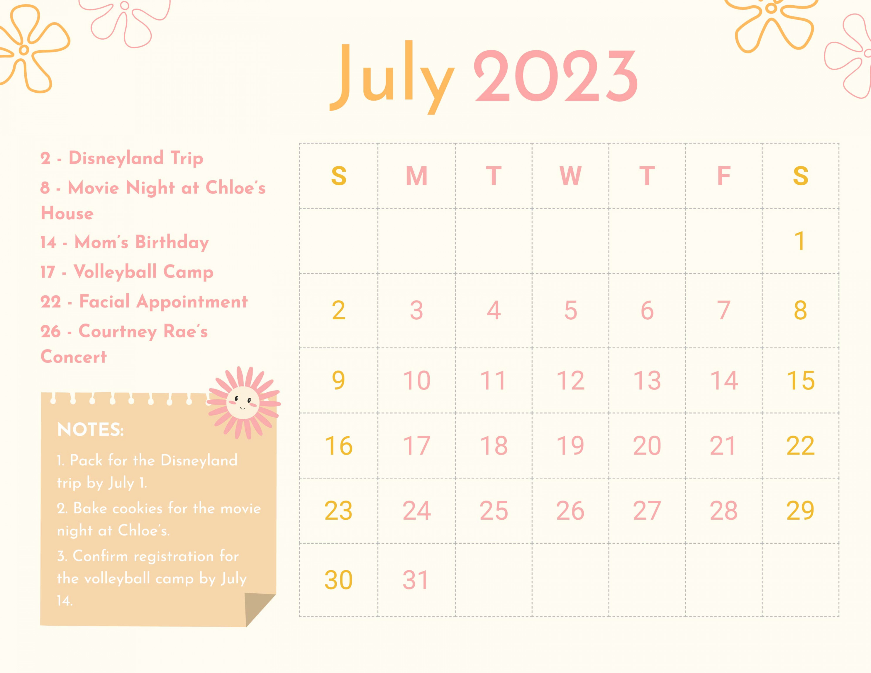 Cute July  Calendar Template - Download in Word, Google Docs