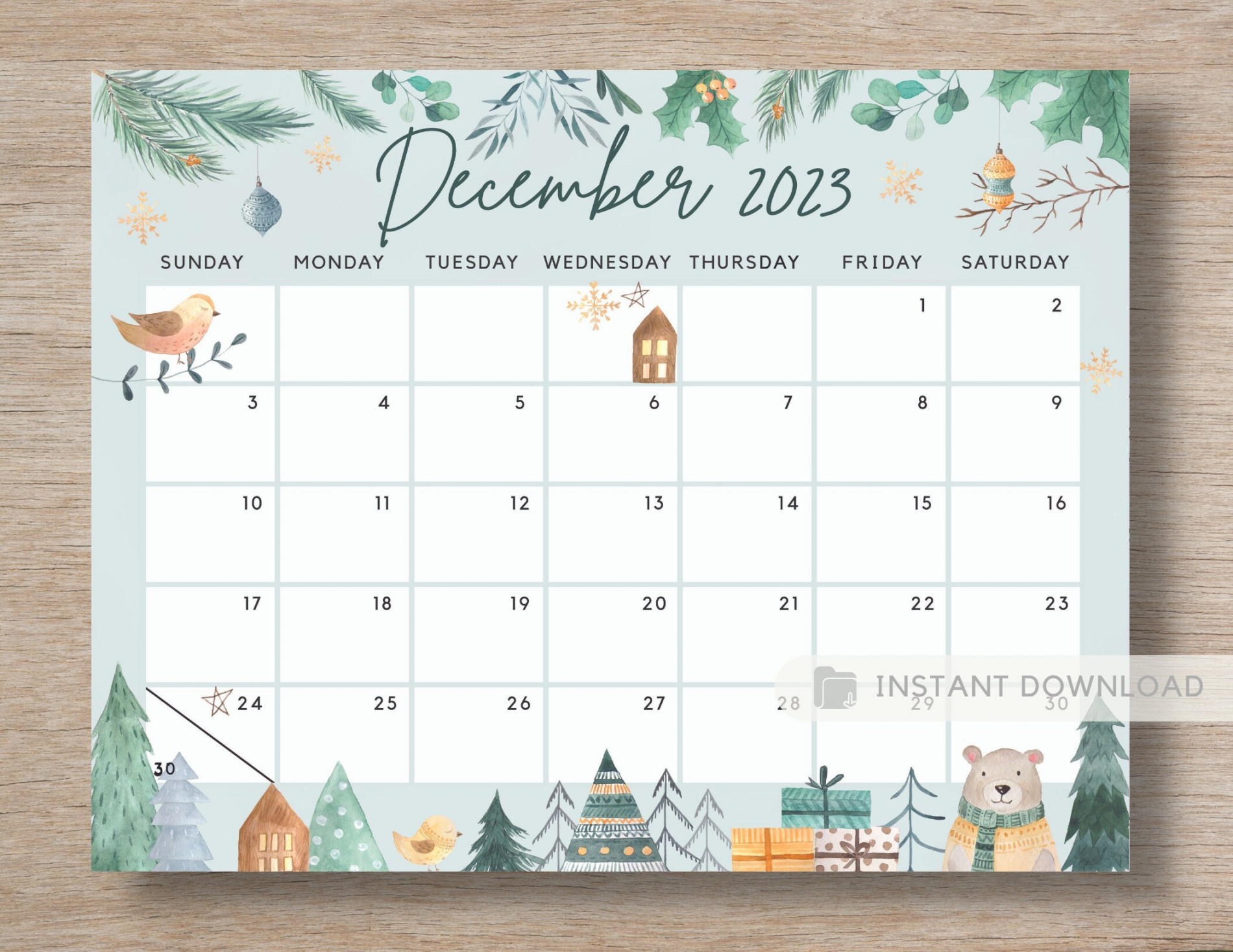 December  Bear Calendar Cute & Fun Winter White Christmas - Etsy