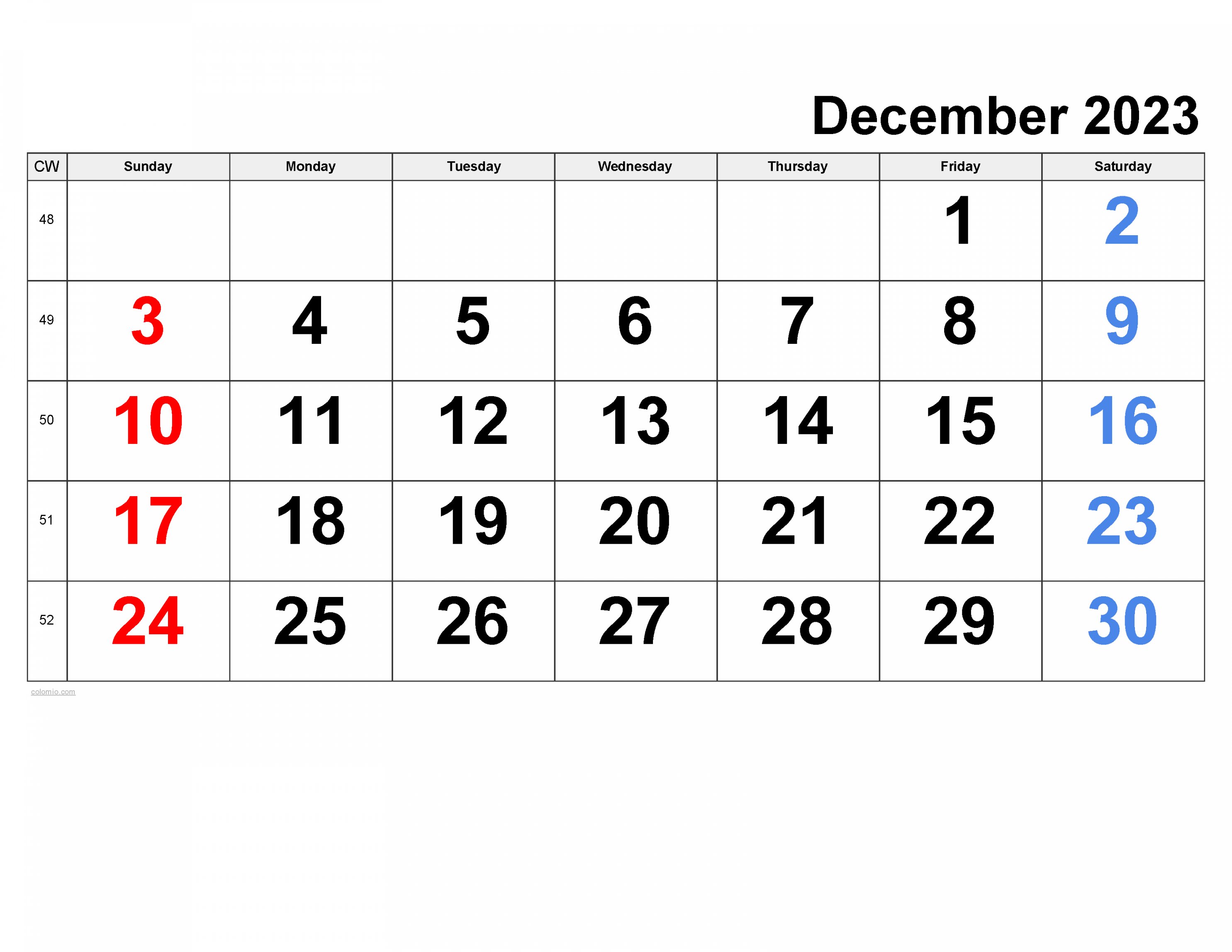 December  Calendar  Free Printable PDF, XLS and PNG