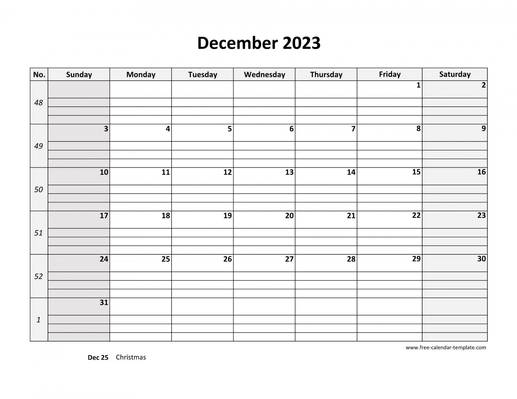 December  Calendar Free Printable with grid lines designed