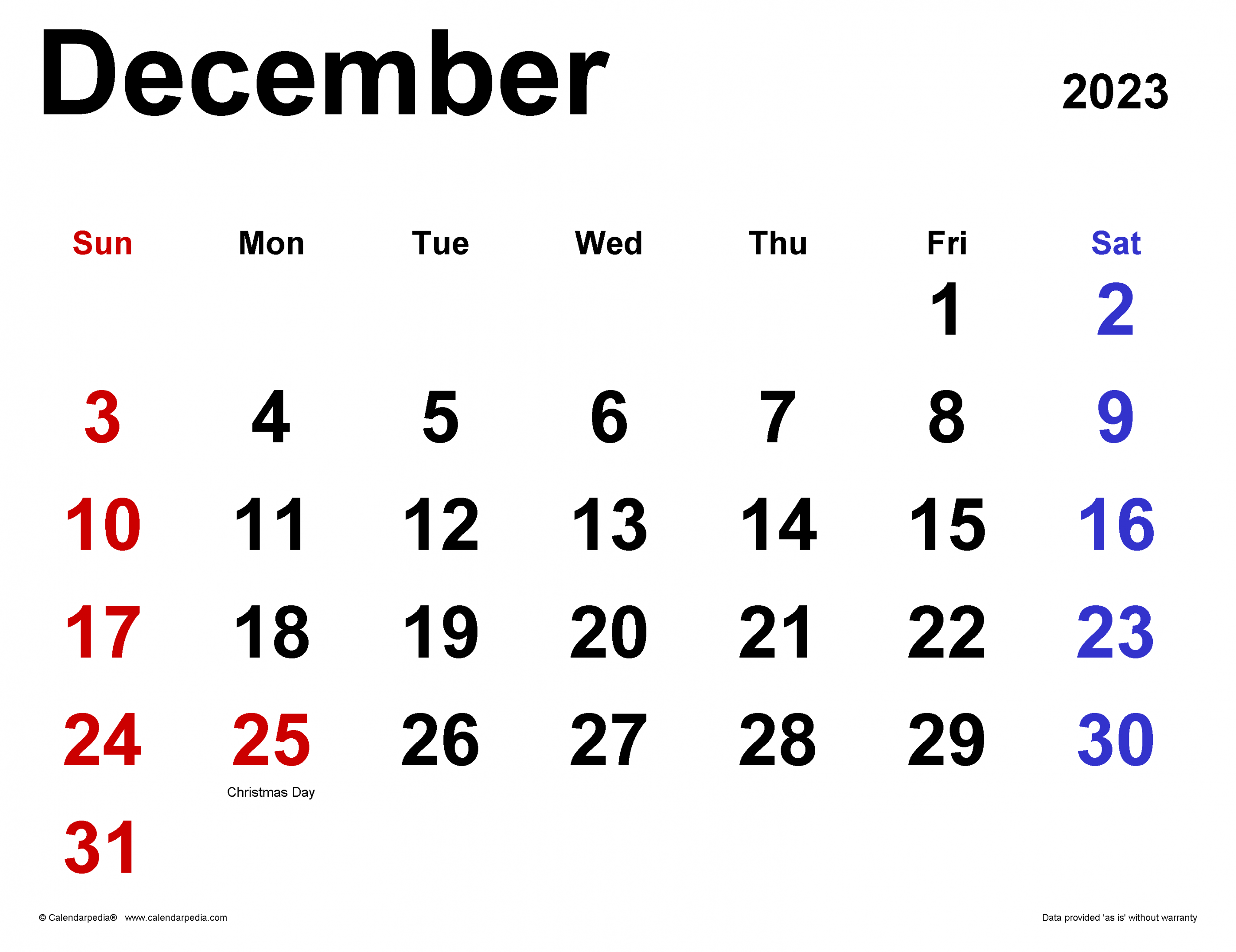 December  Calendar  Templates for Word, Excel and PDF