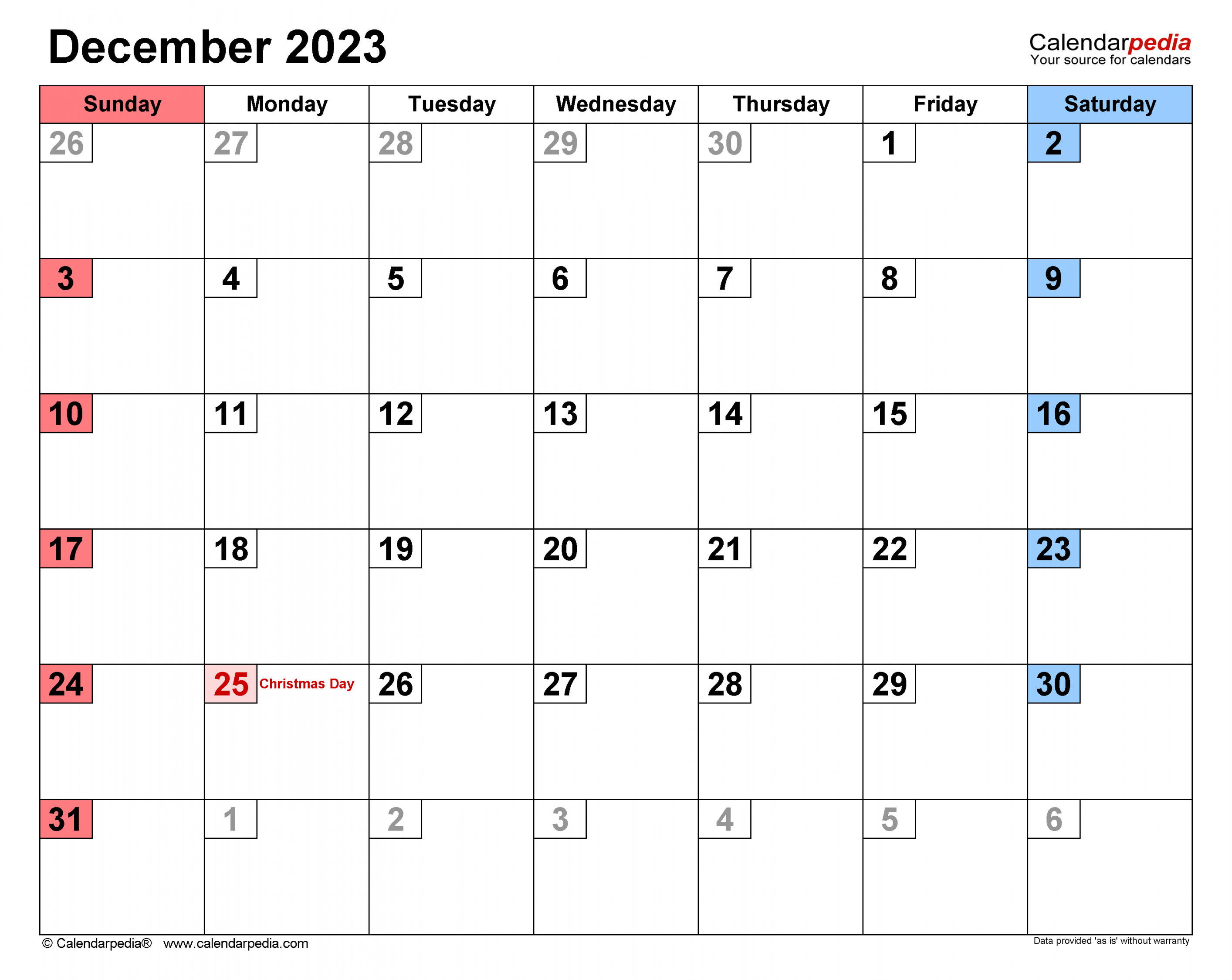 December  Calendar  Templates for Word, Excel and PDF