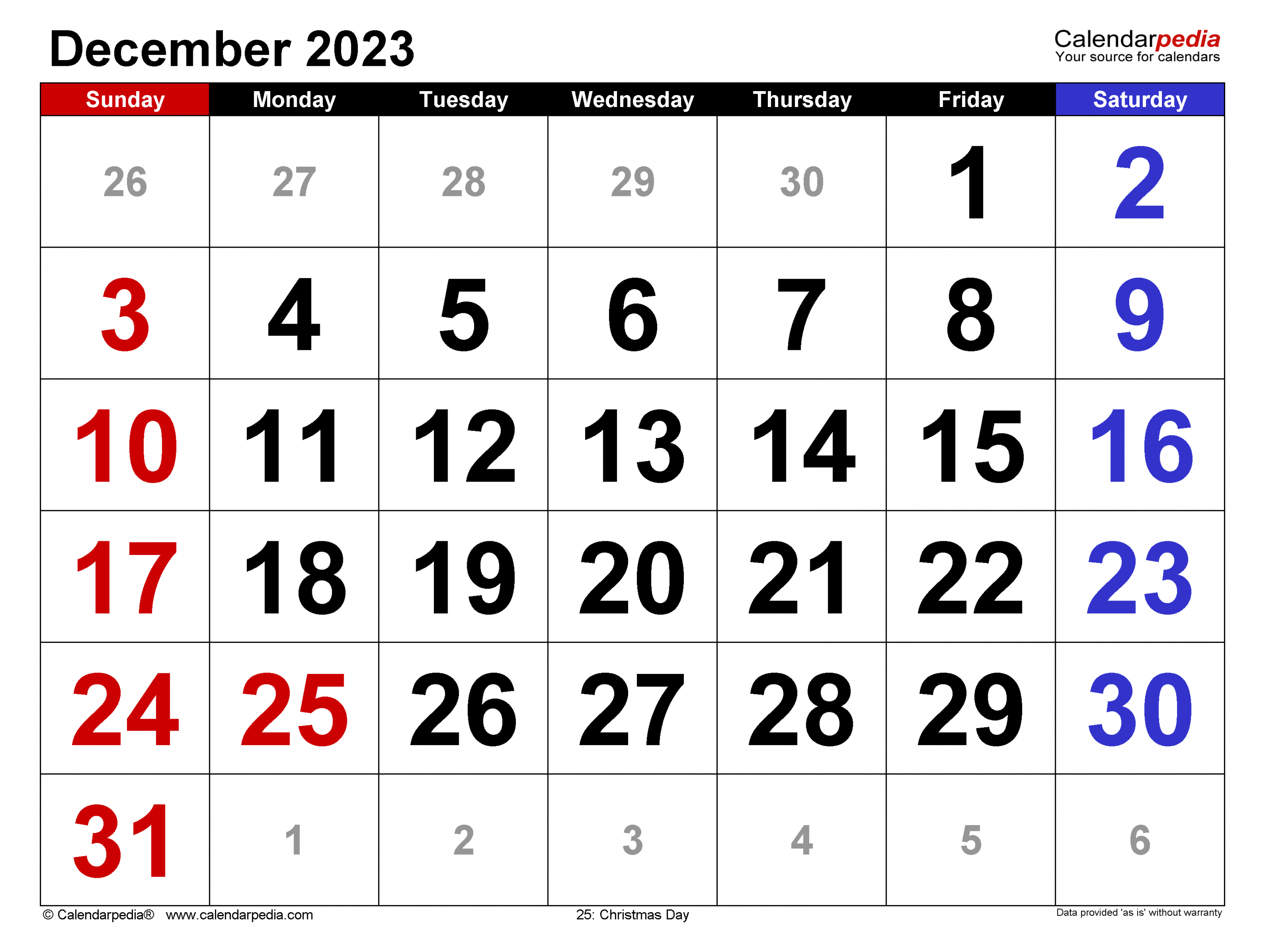 December  Calendar  Templates for Word, Excel and PDF