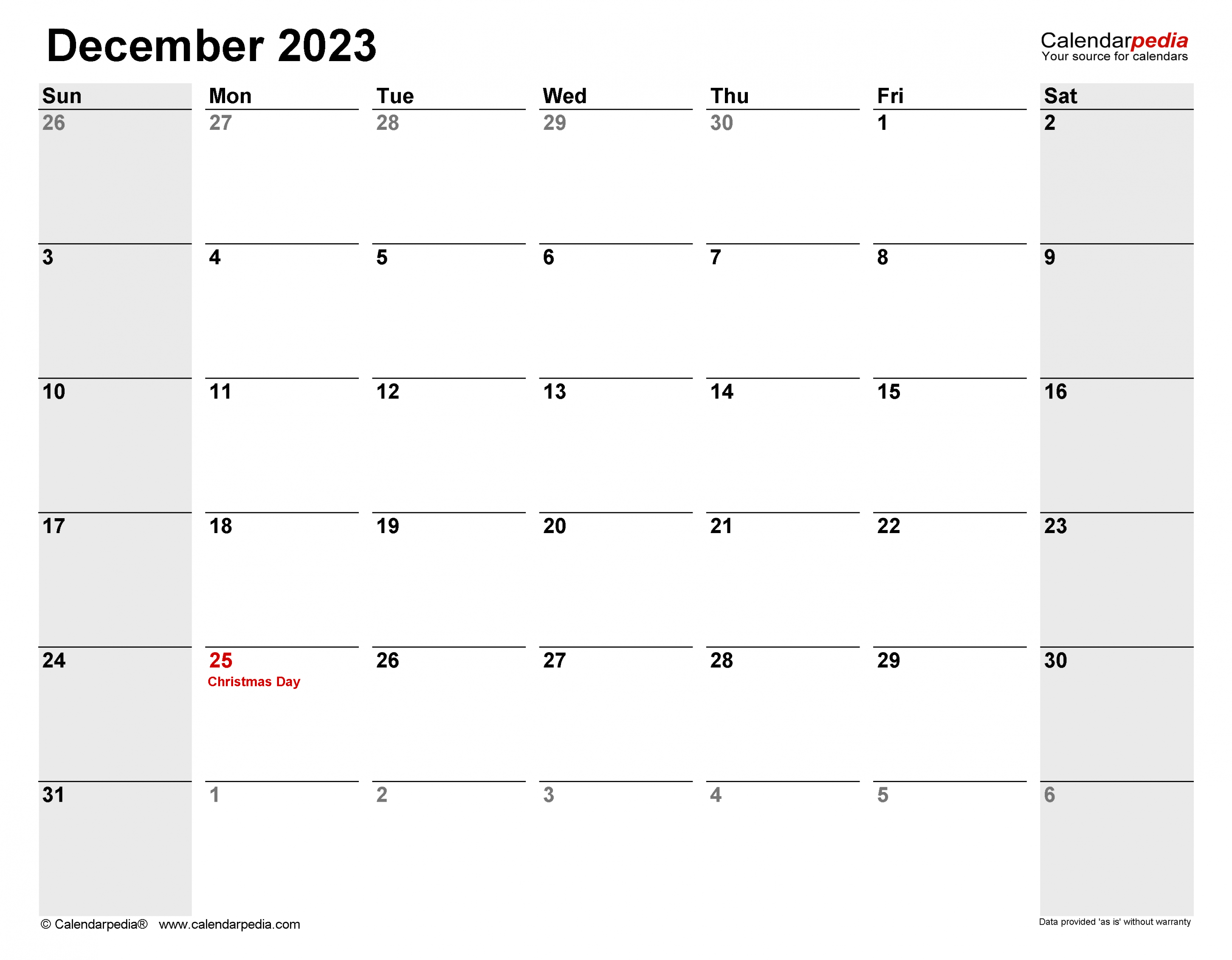 December  Calendar  Templates for Word, Excel and PDF