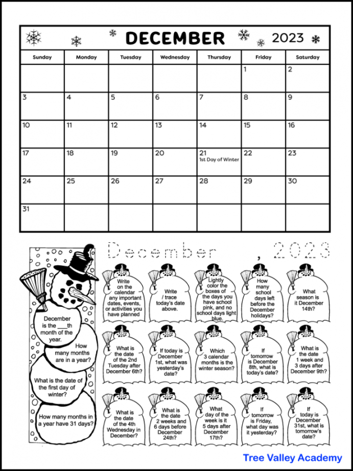 December  Calendar Worksheets