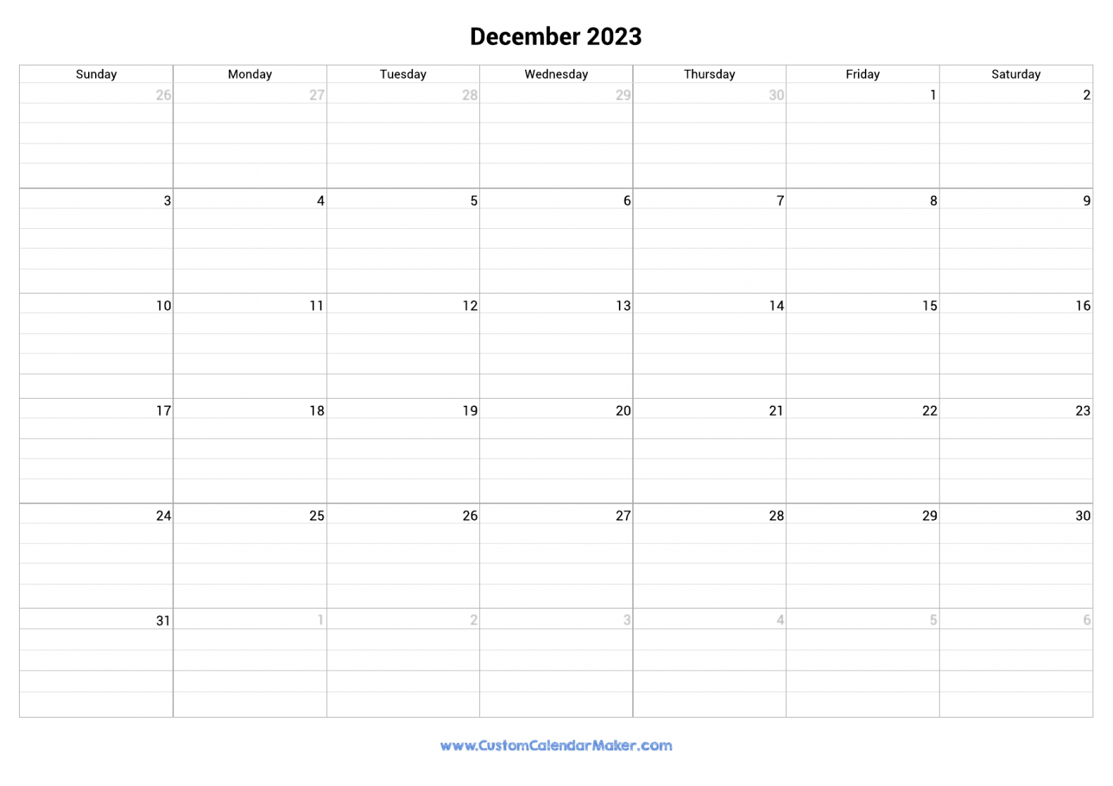 December  Fillable Calendar Grid With Lines