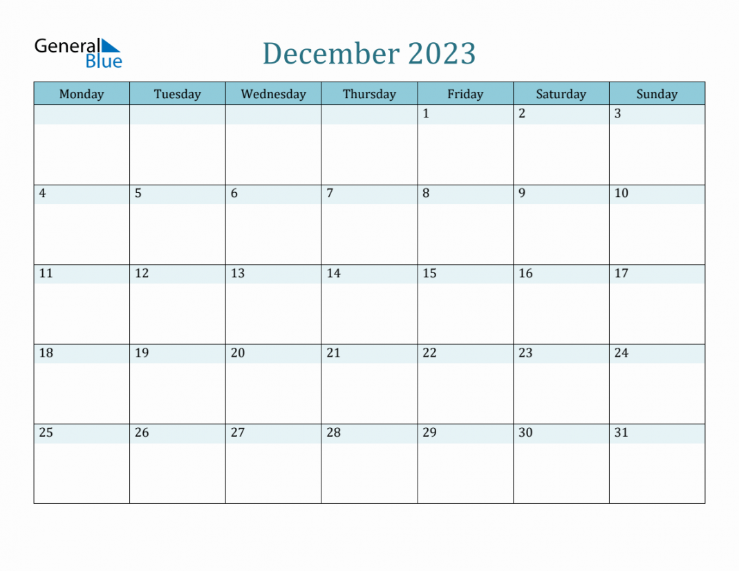 December  Monthly Calendar Template (Monday Start)