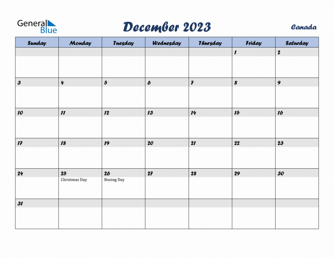 December  Monthly Calendar Template with Holidays for Canada