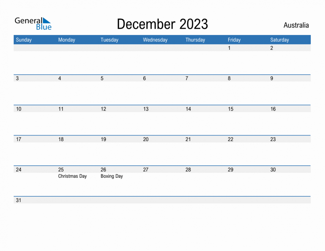 December  Monthly Calendar with Australia Holidays