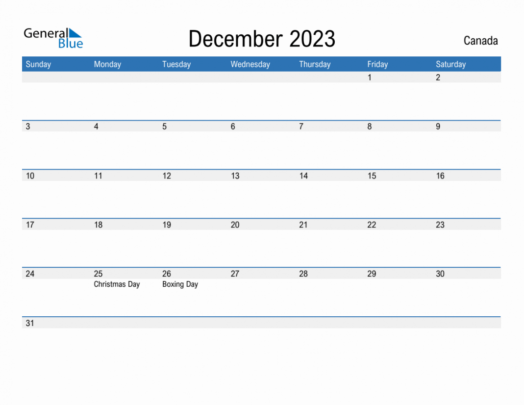 December  Monthly Calendar with Canada Holidays