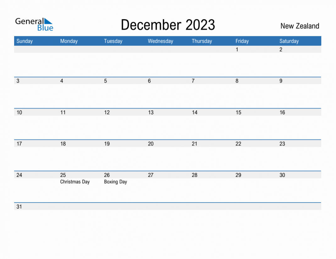 December  Monthly Calendar with New Zealand Holidays