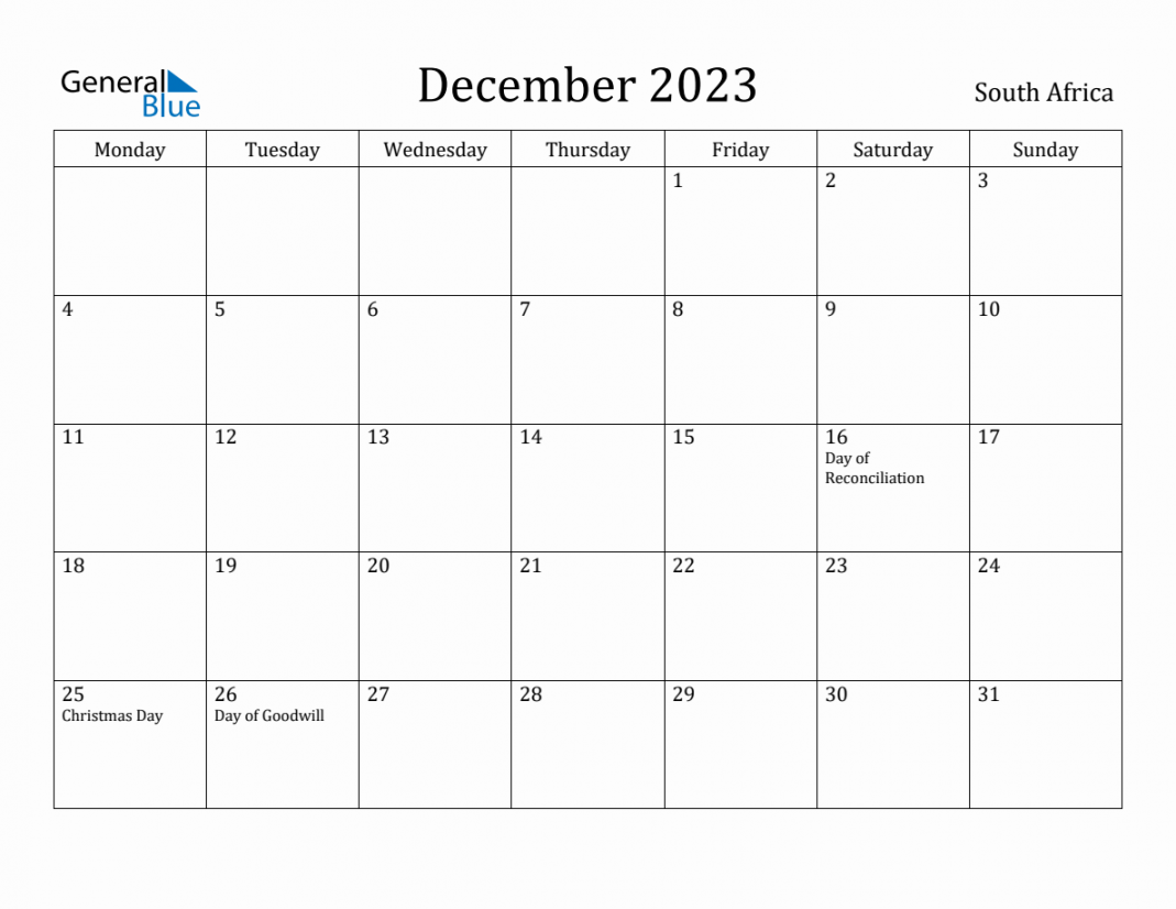 December  - South Africa Monthly Calendar with Holidays