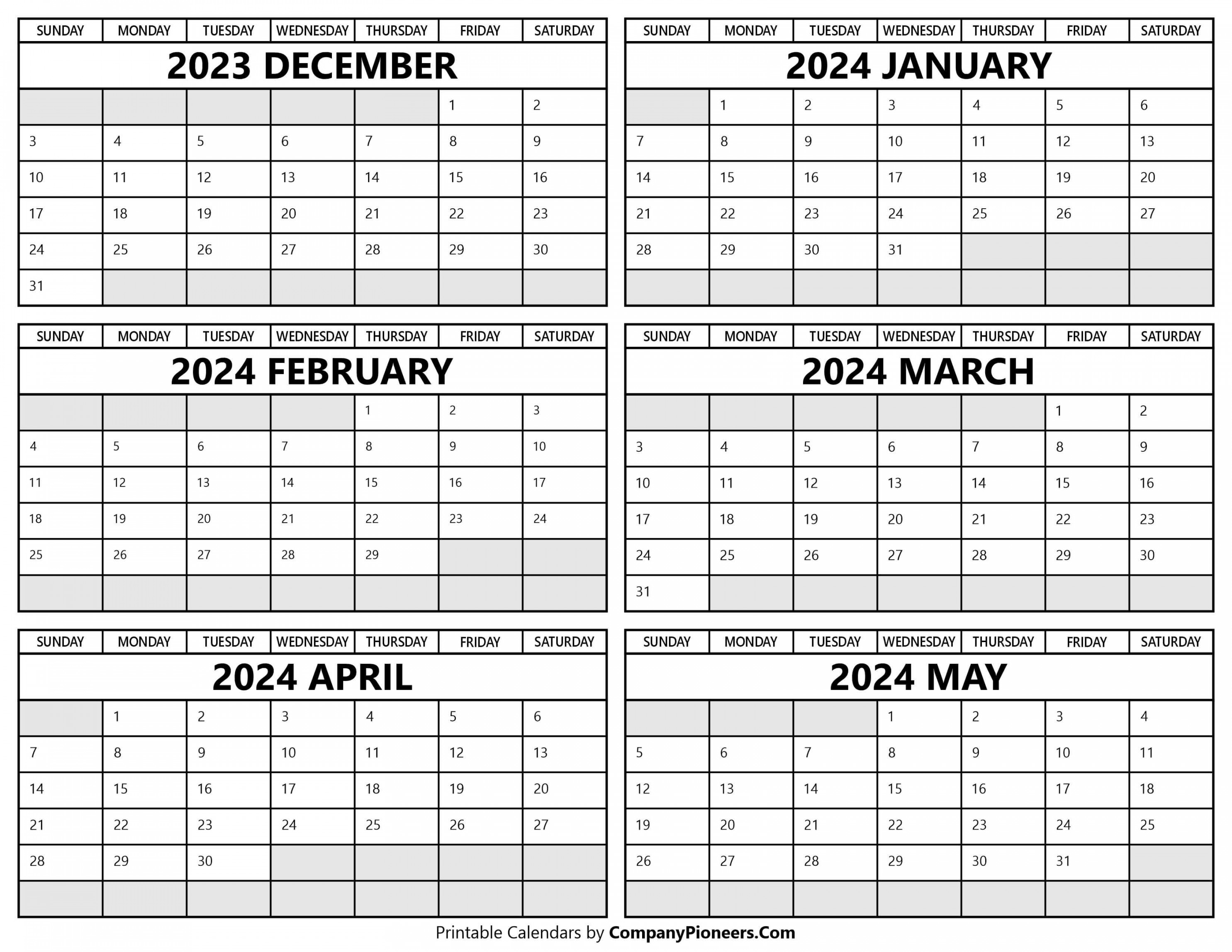 December  to May  Calendar Printable - Template