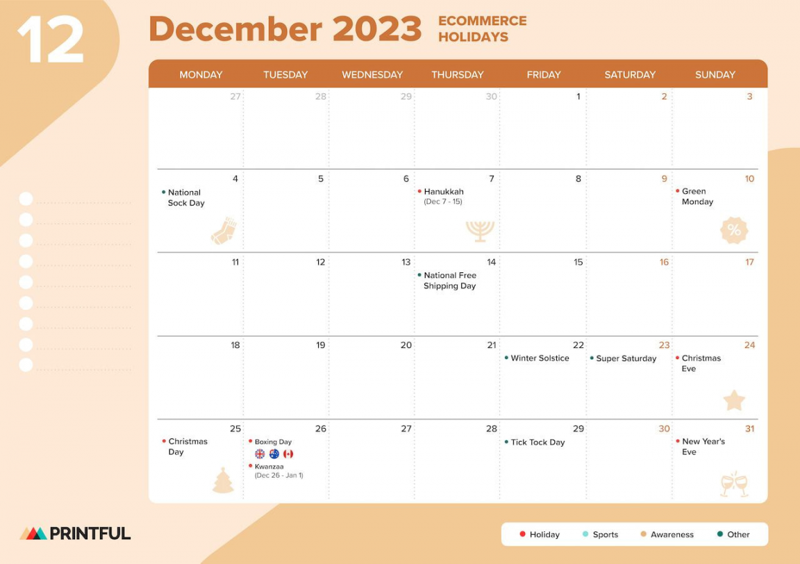 Ecommerce Holiday Calendar  for Marketing  Printful