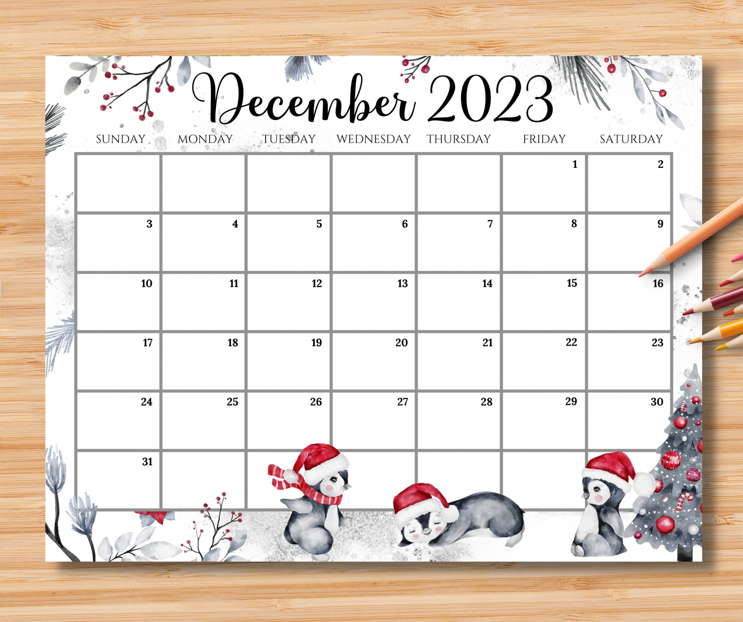 EDITABLE December  Calendar Joyful Winter Christmas With Cute
