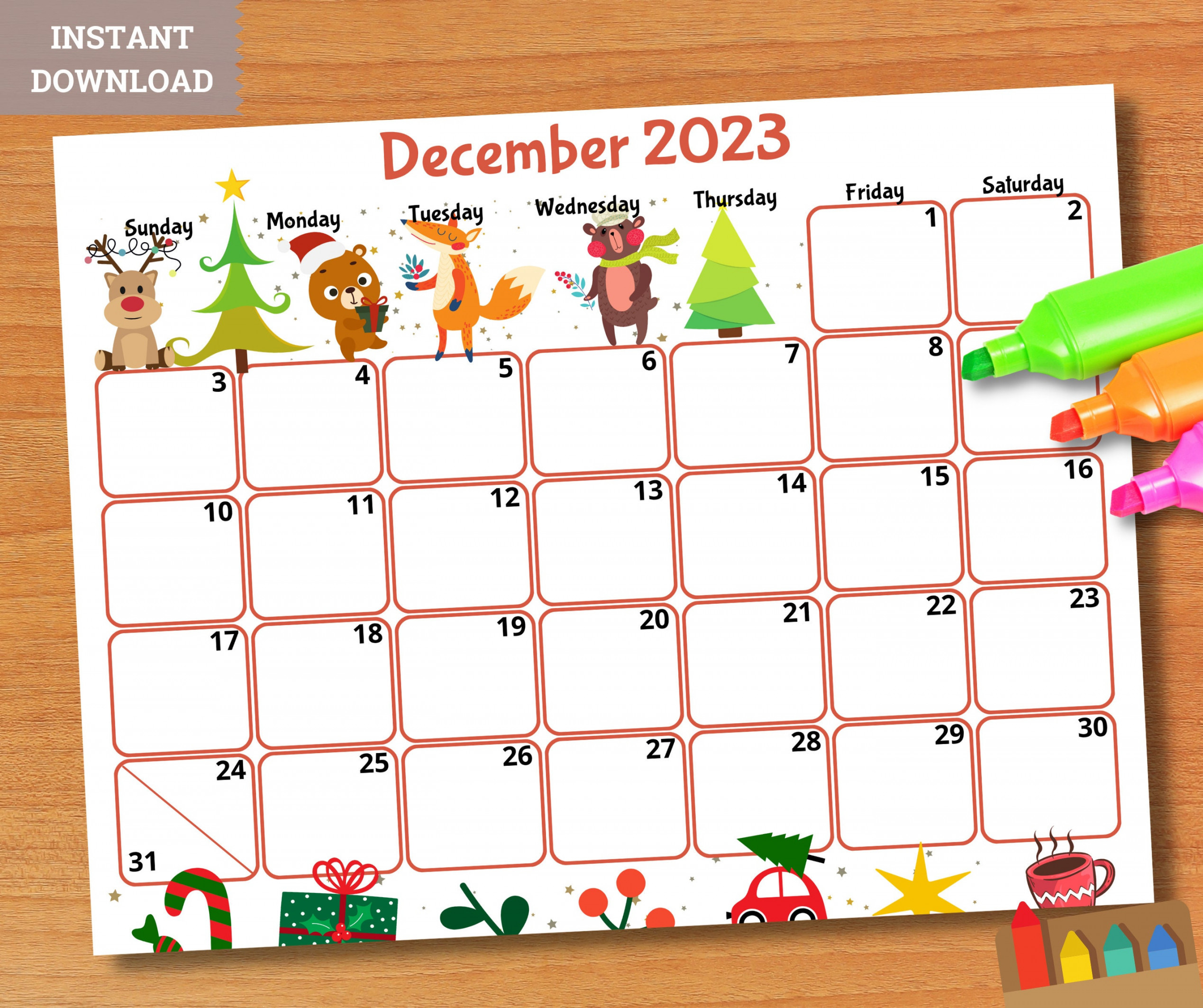 EDITABLE December  Calendar Printable Kids Calendar  - Etsy