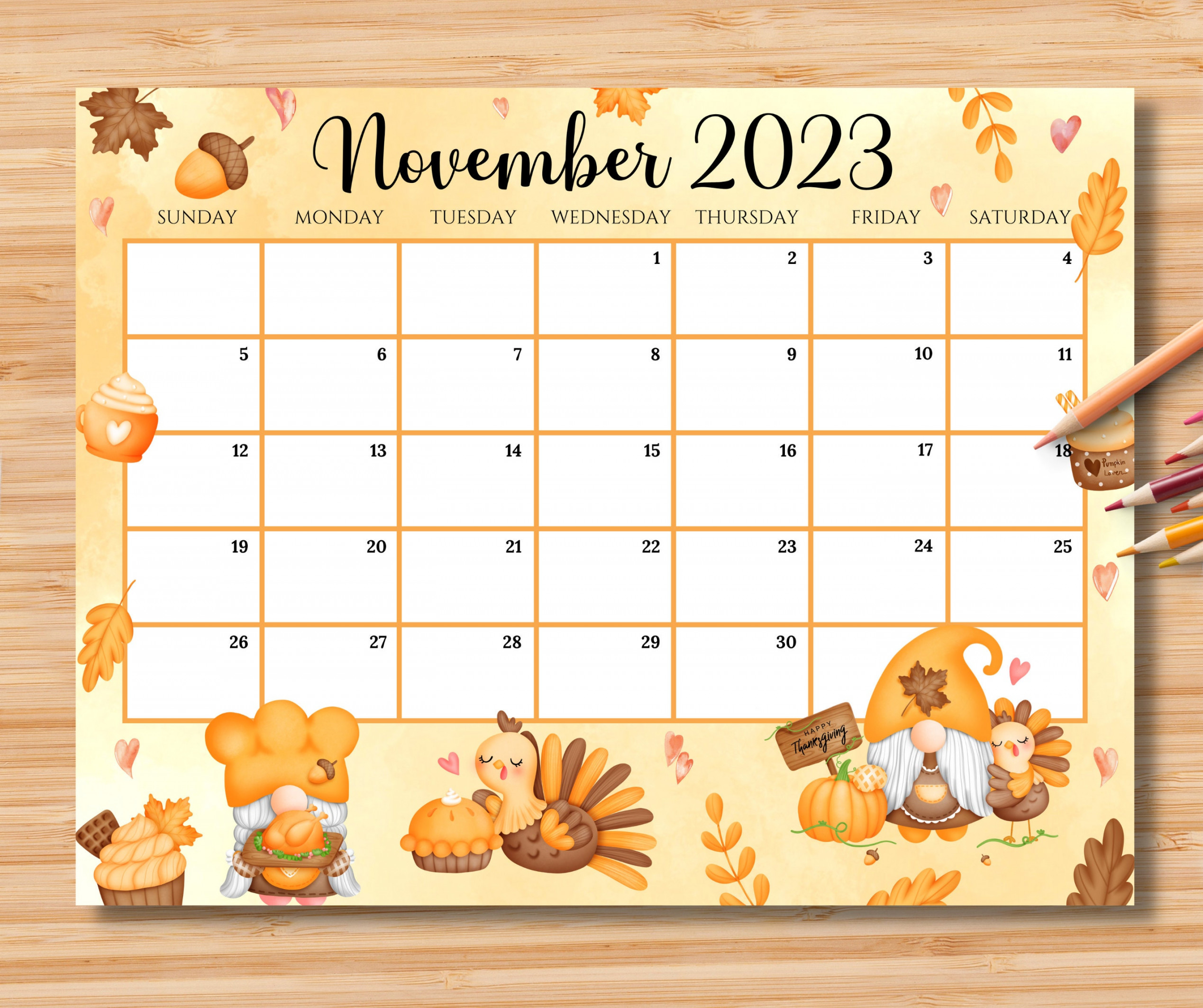 Editable november calendar happy thanksgiving with cute