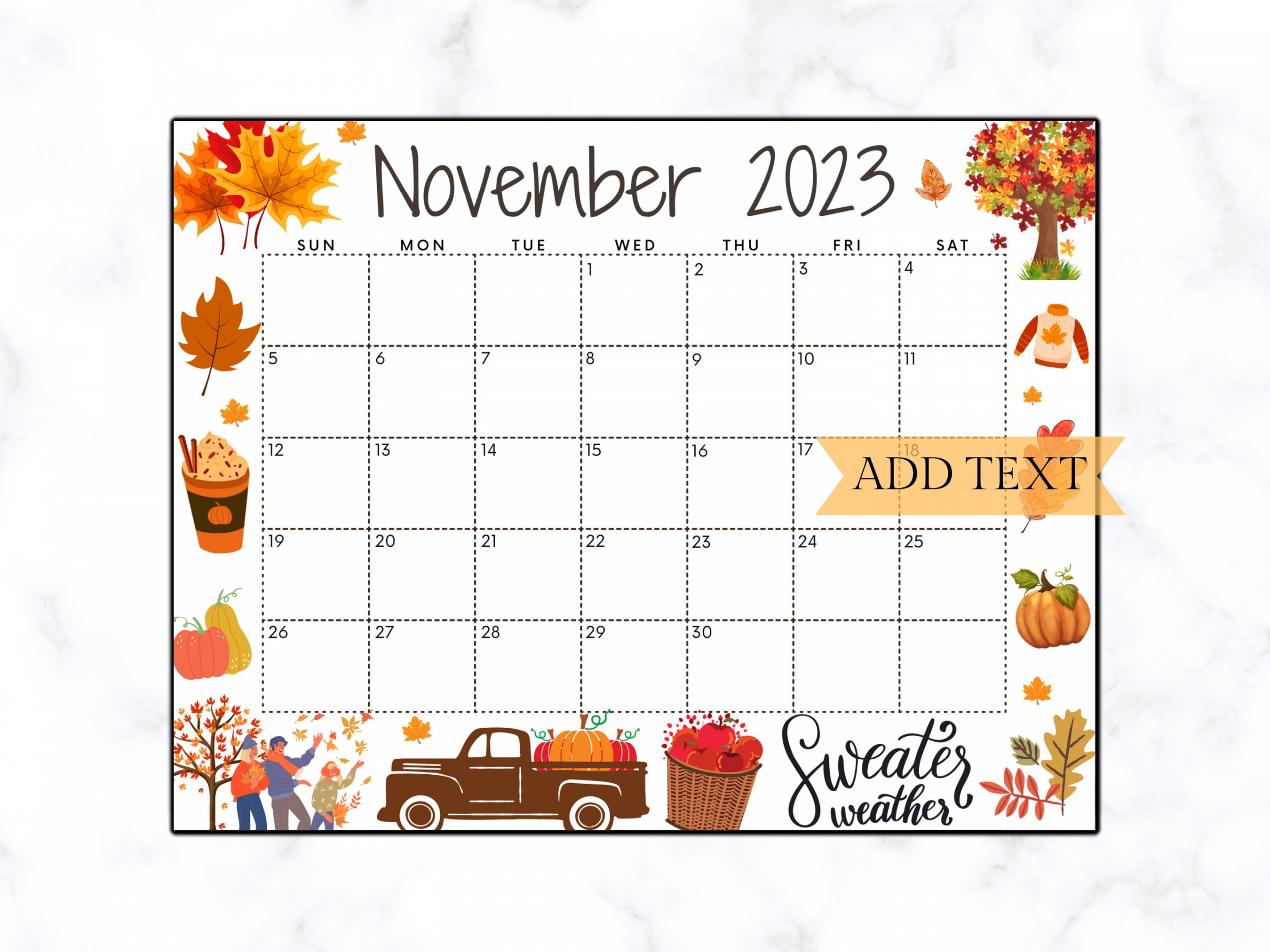 Editable November  Calendar Printable Fall Calendar Wall - Etsy