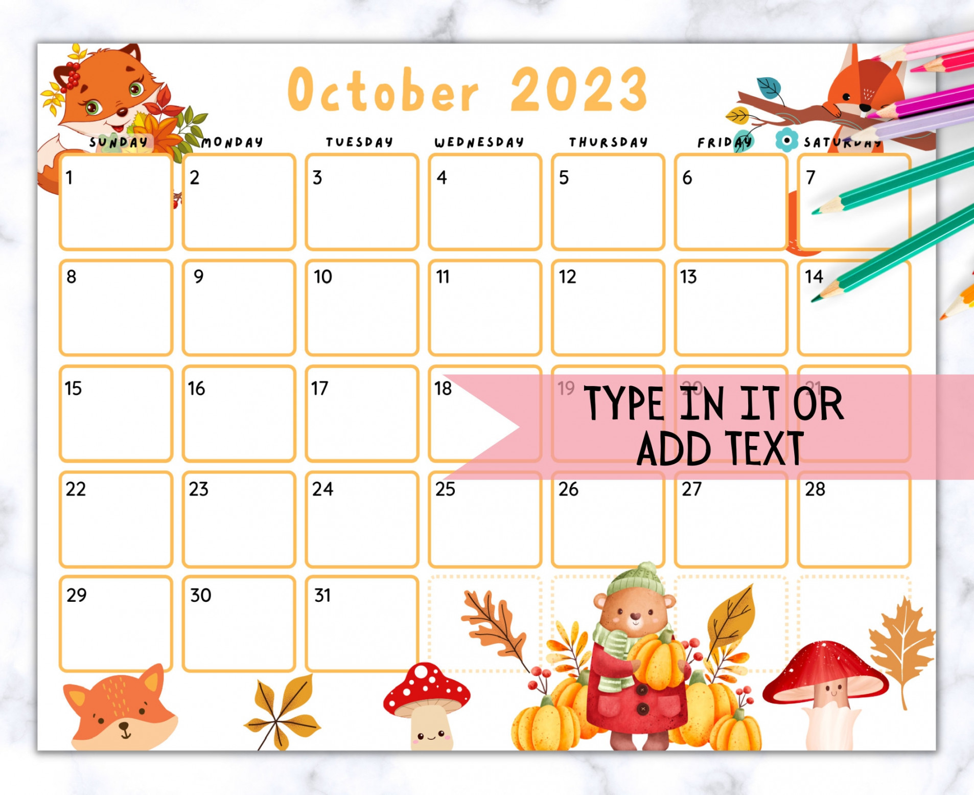 EDITABLE October  Calendar, Cute Printable Fillable Planner