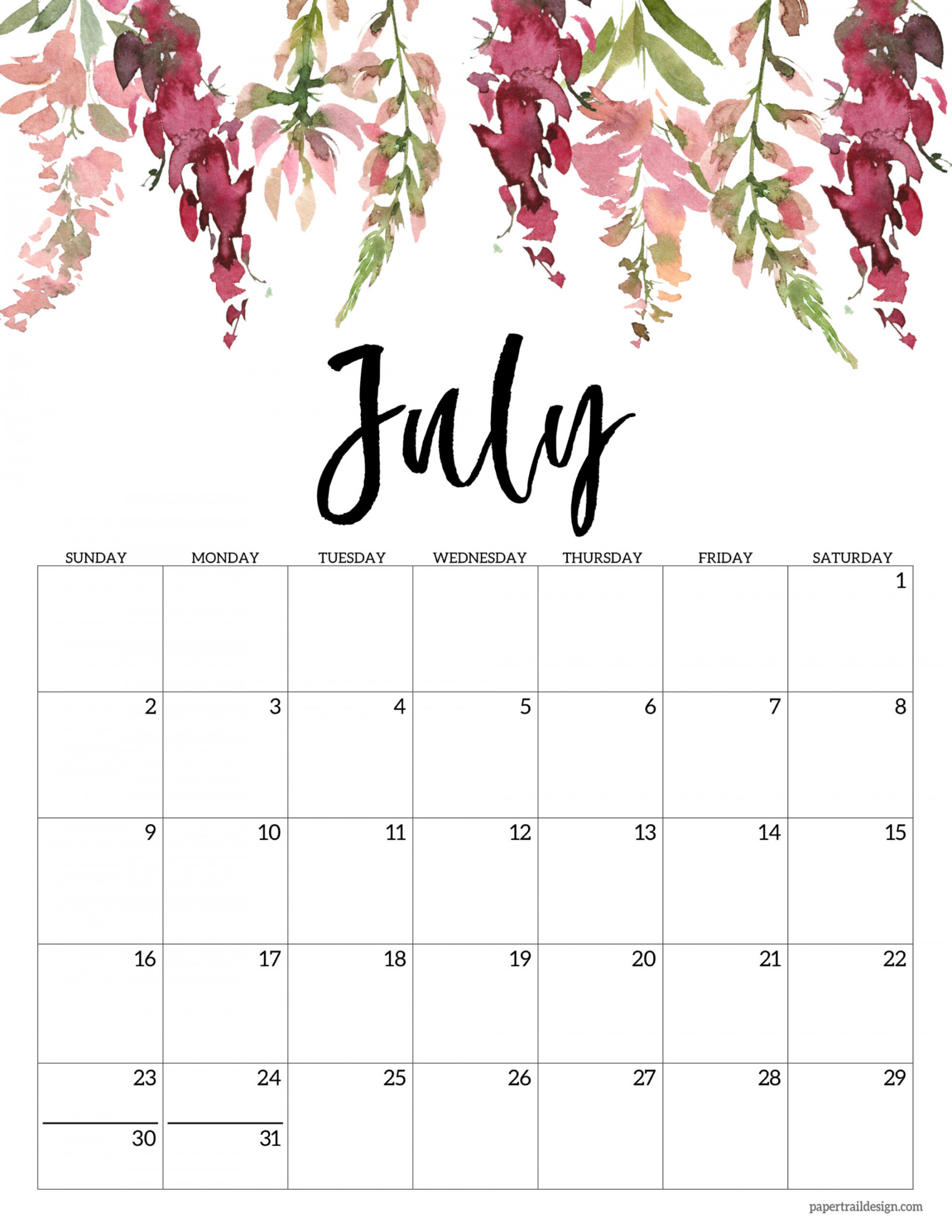Floral Calendar Printable -  - Paper Trail Design