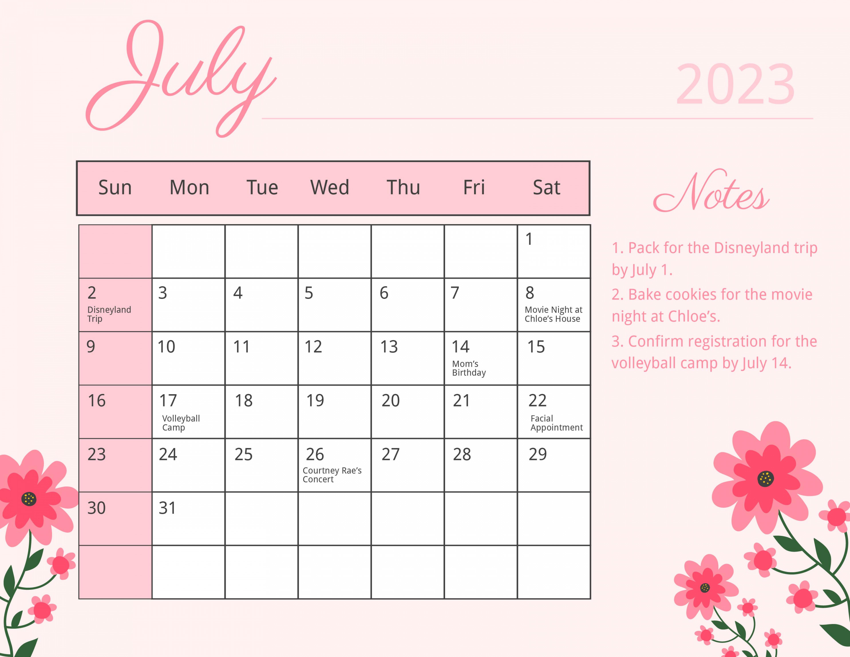 Floral July  Calendar Template - Download in Word, Google Docs