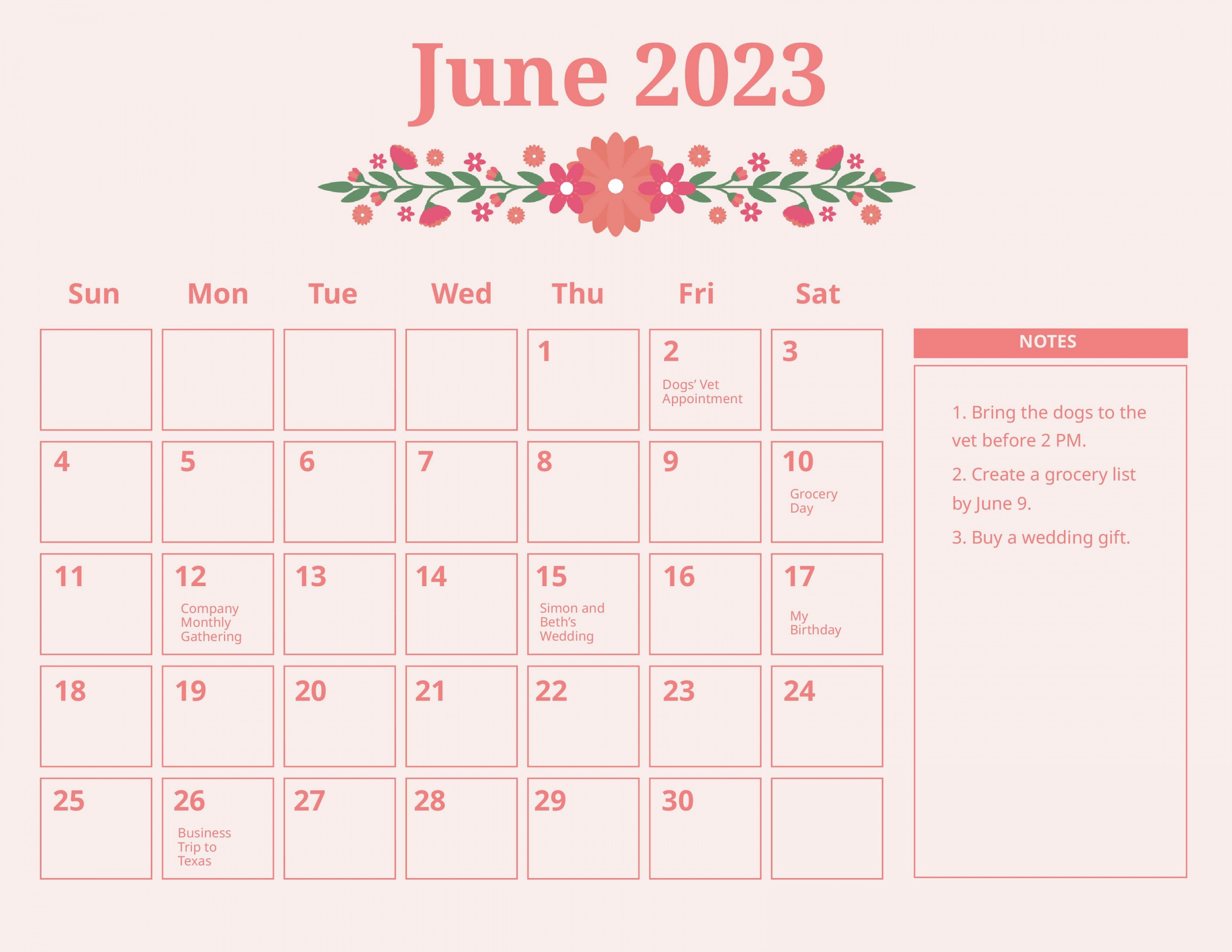 Floral June  Calendar Template - Download in Word, Google Docs