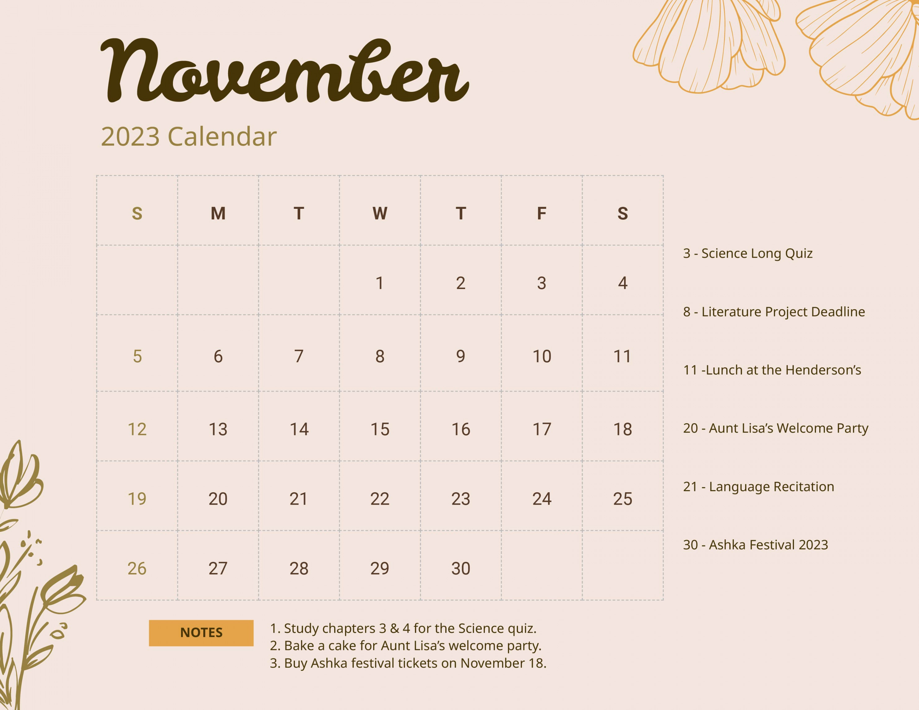 Floral November  Calendar Template - Download in Word, Google
