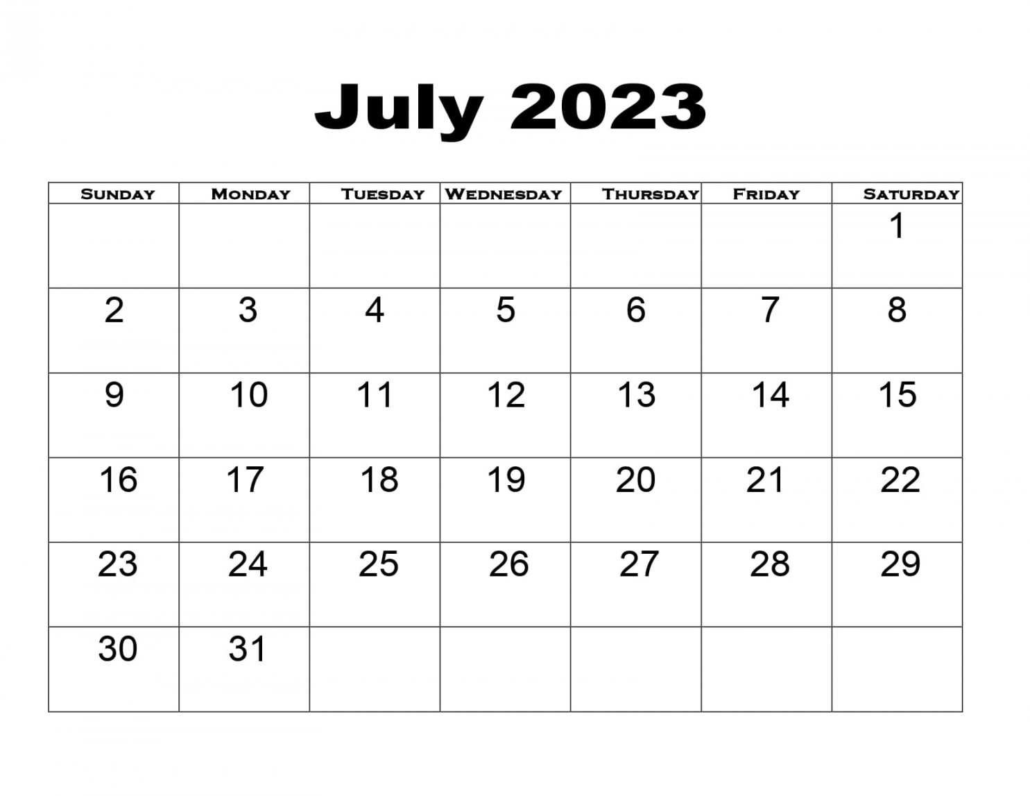 Free July  Calendar Printable PDF Blank Templates