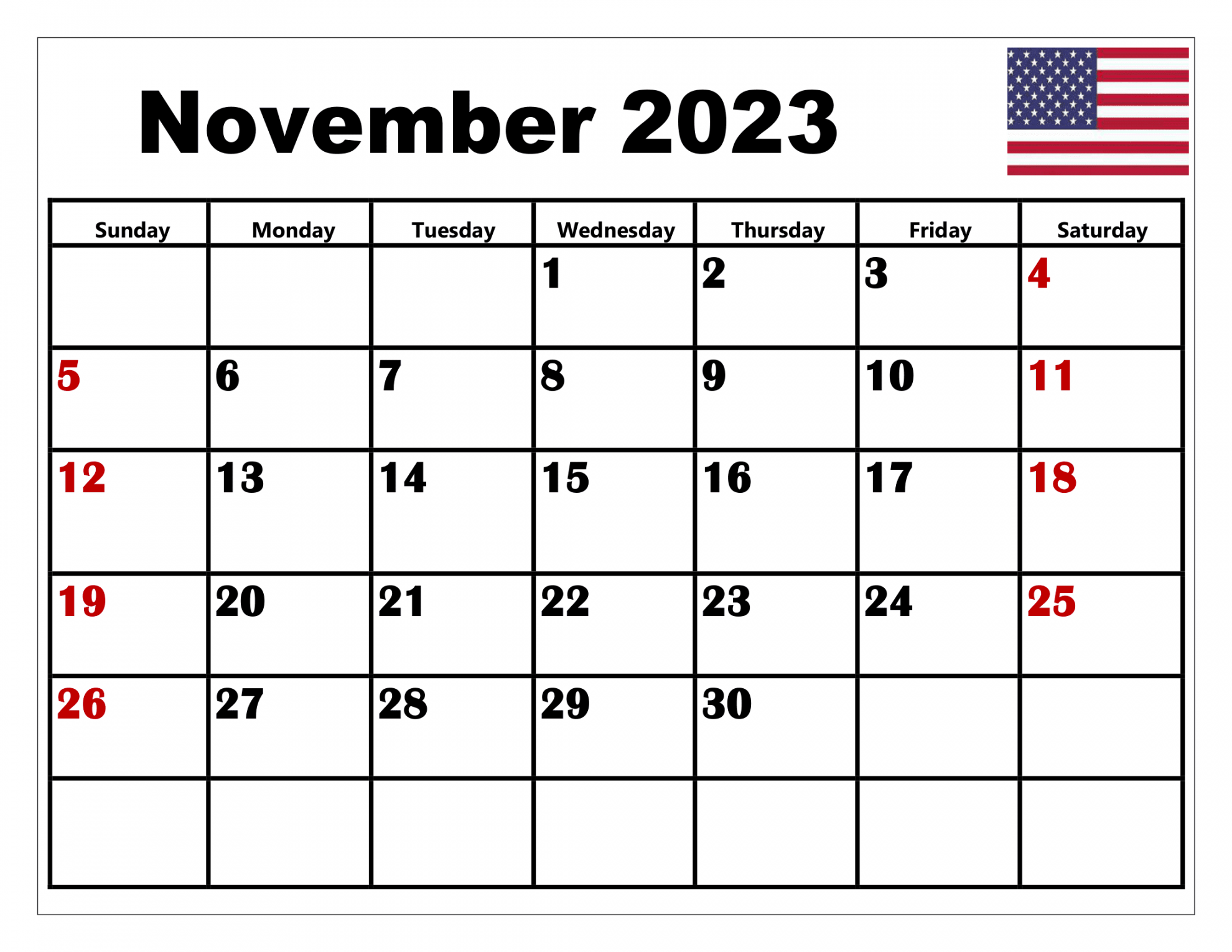 Free November  Calendar Printable PDF with Holidays Templates