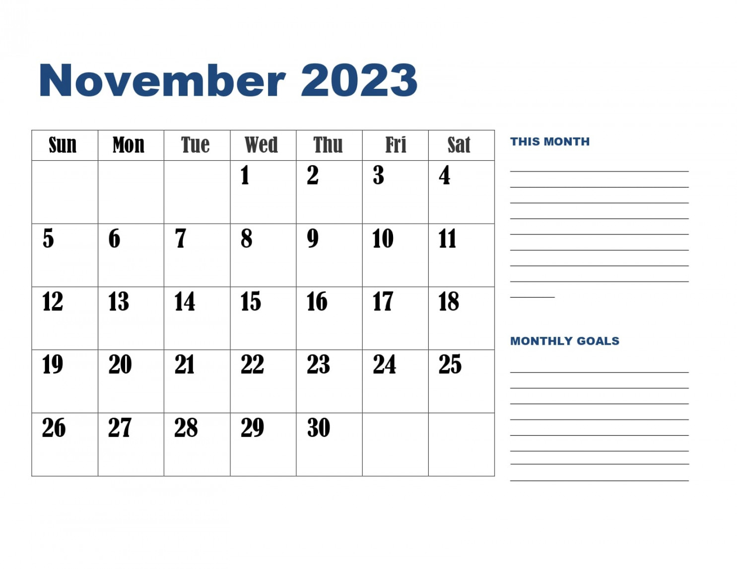 Free November  Calendar Printable PDF with Holidays Templates