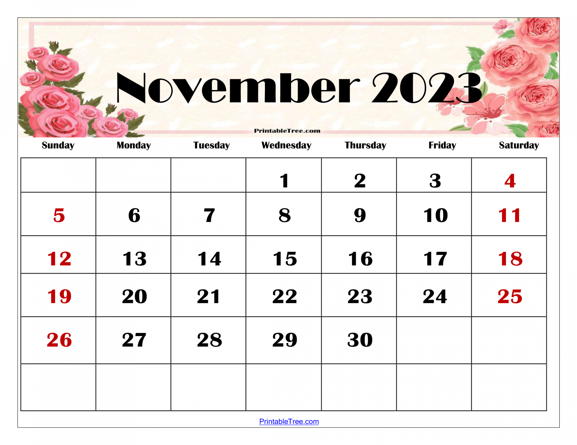 Free November  Calendar Printable PDF with Holidays Templates