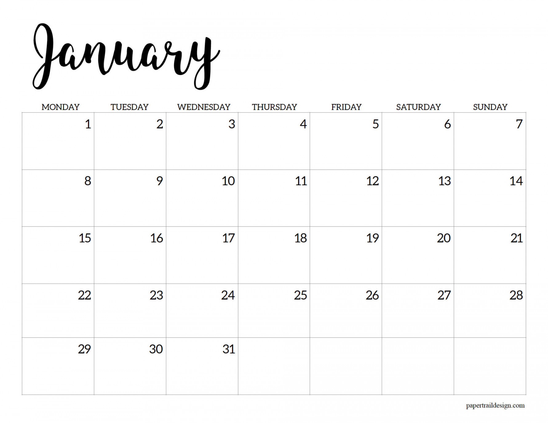 Free Printable  Calendar – Monday Start - Paper Trail Design