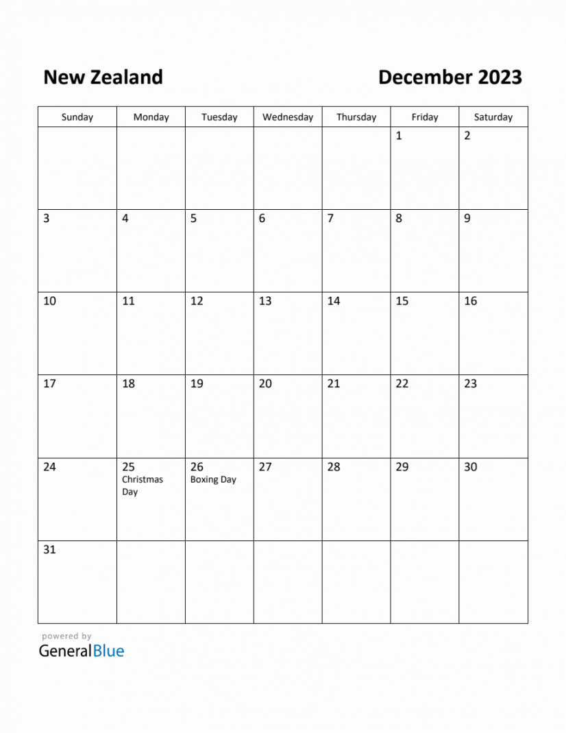 Free Printable December  Calendar for New Zealand